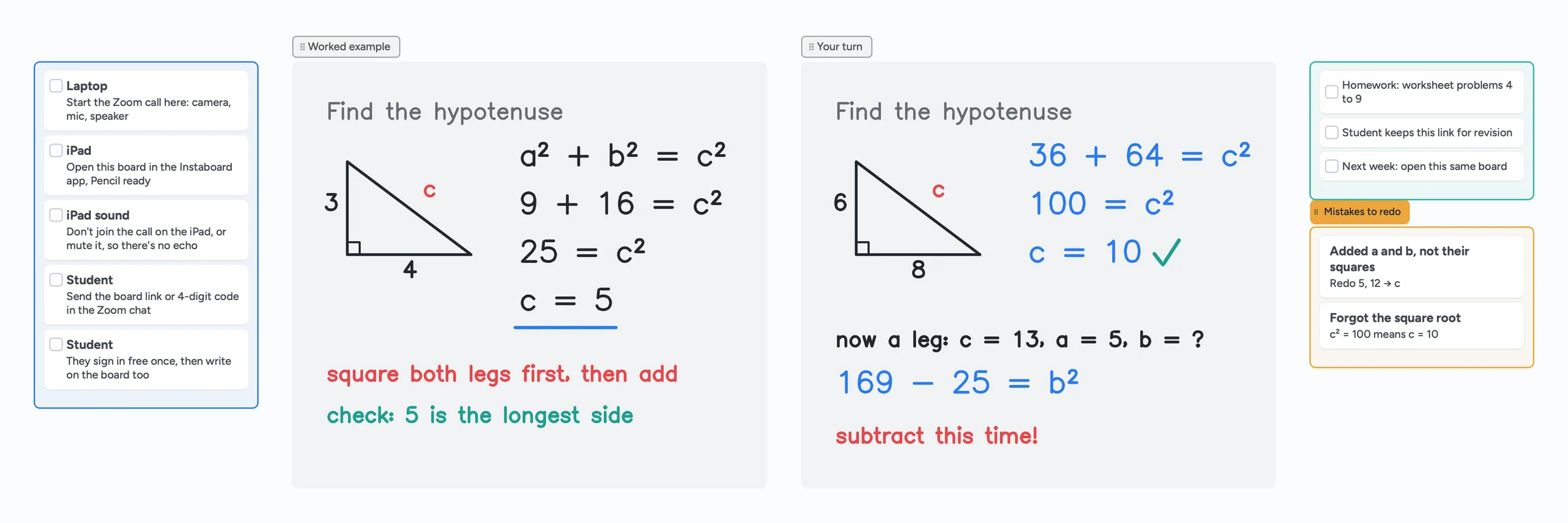 An Instaboard lesson board for tutoring on Zoom: a before-the-call checklist, a handwritten Pythagoras worked example, the student's answer in blue with a tick and a red hint, homework and mistakes to redo