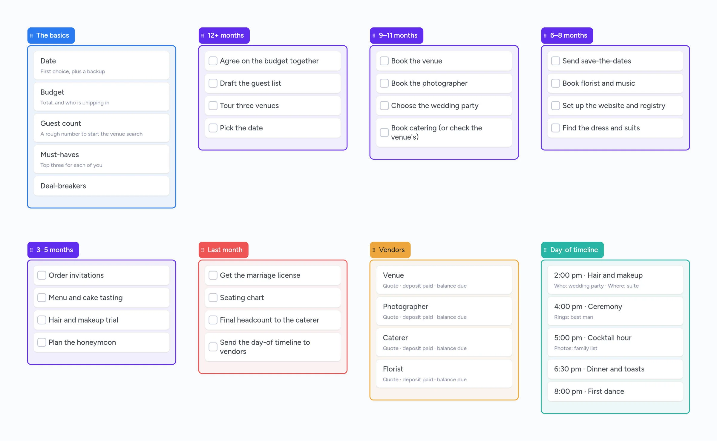 An Instaboard wedding planning board with lists for the basics, a month-by-month checklist, vendors and a day-of timeline