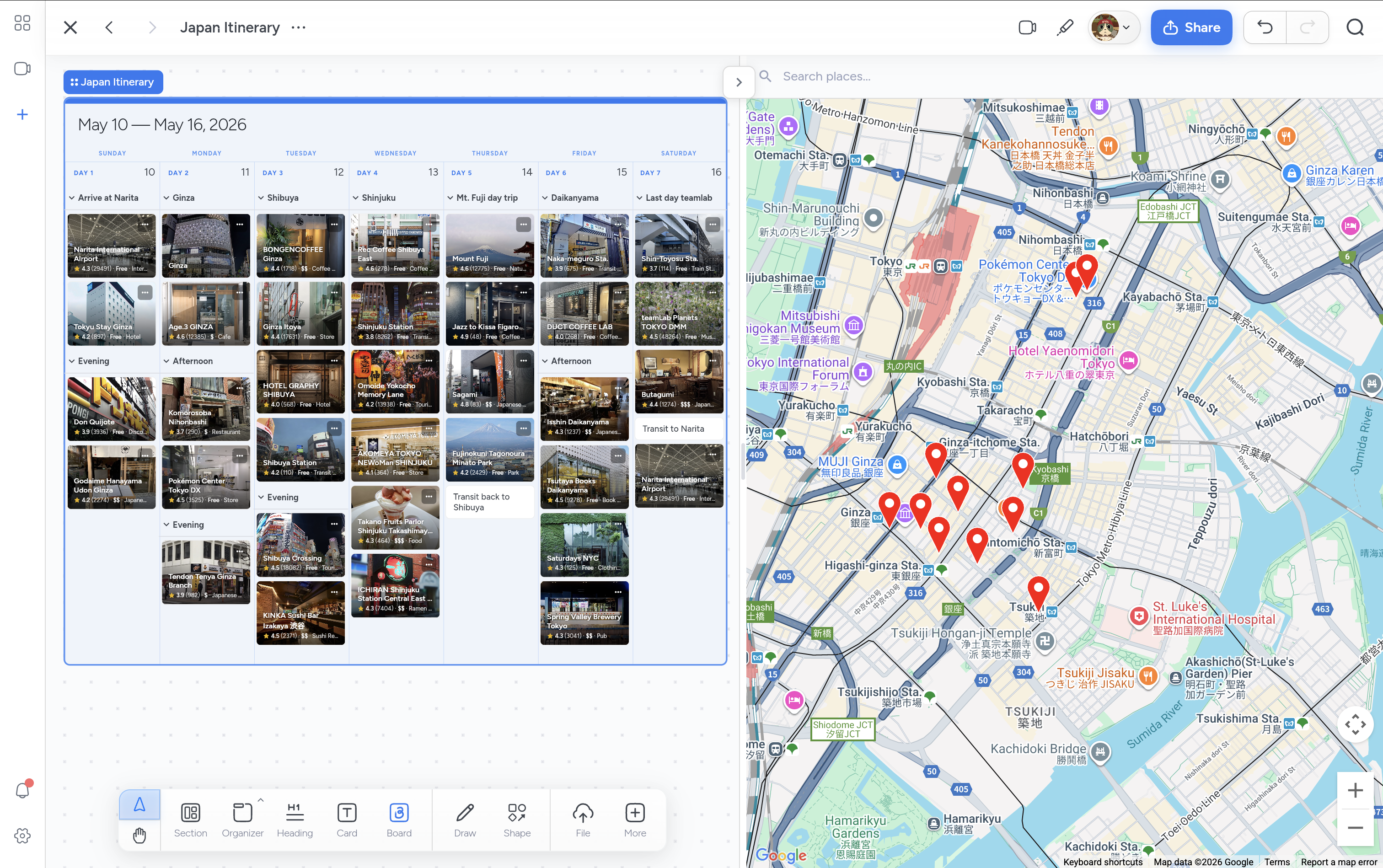 Trip planning interface showing map and itinerary