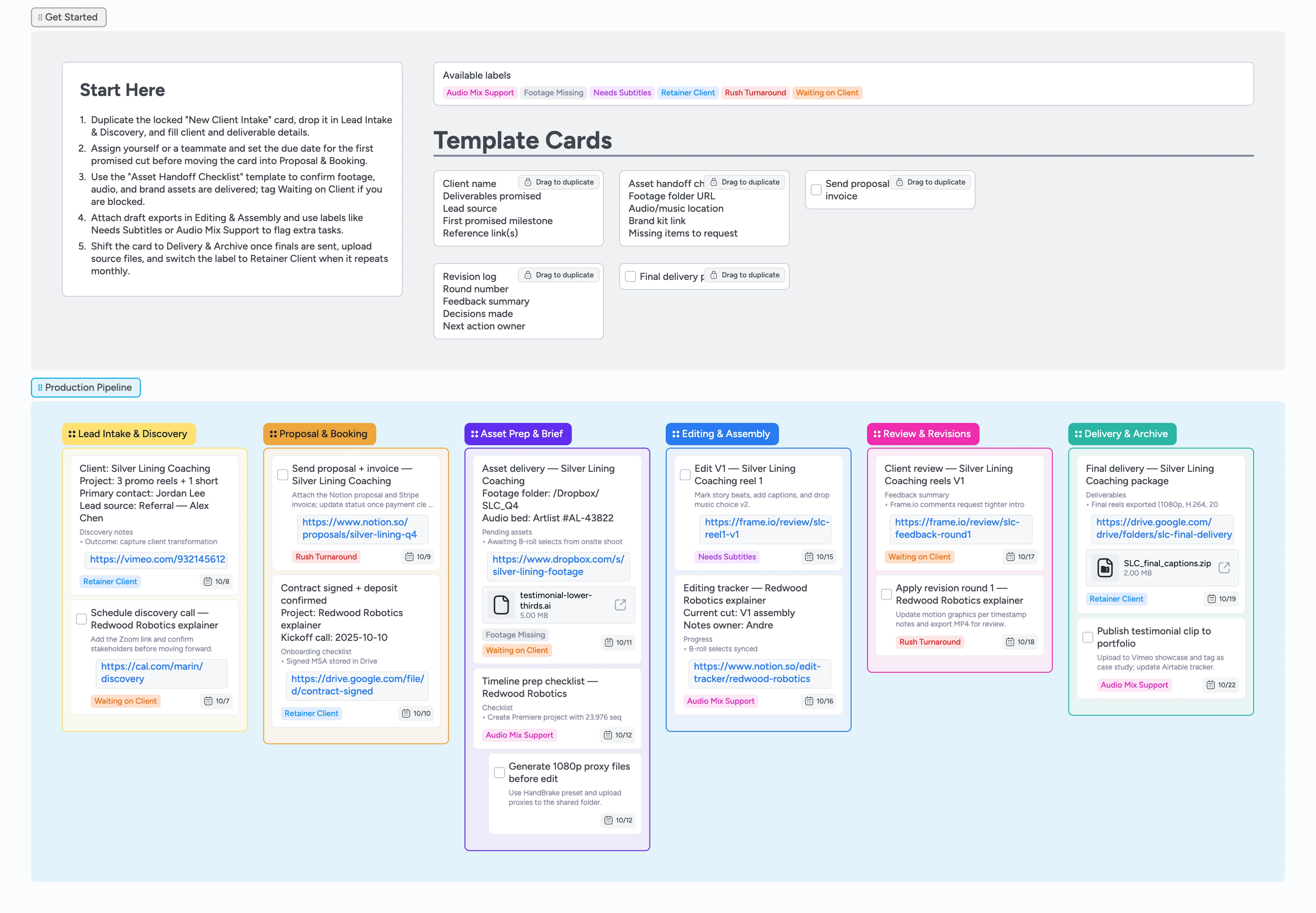 Instaboard workspace with a freelance video editor pipeline and color-coded cards.