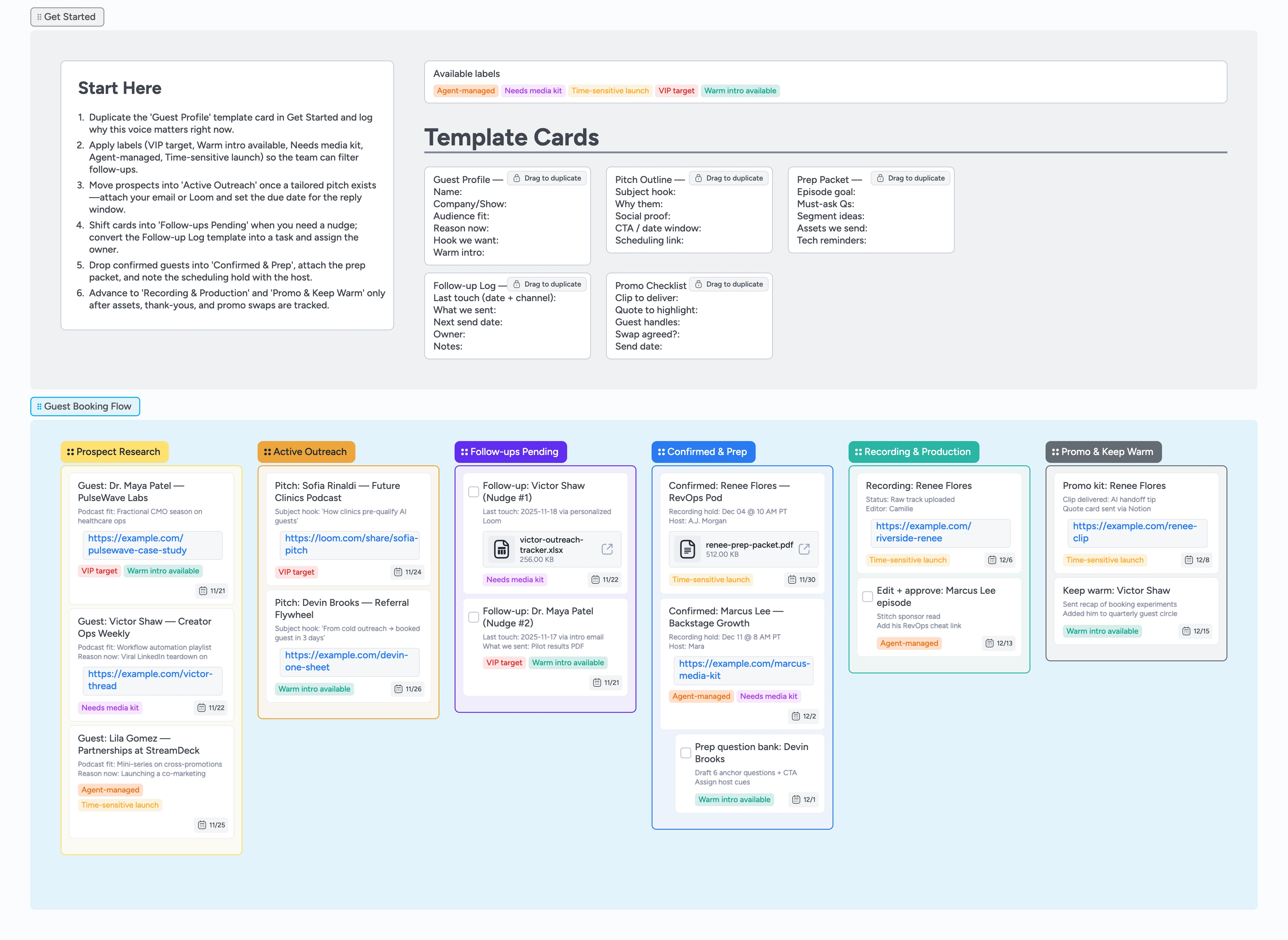 Instaboard board showing a Podcast Guest Booking pipeline with colored stage lists and template cards.