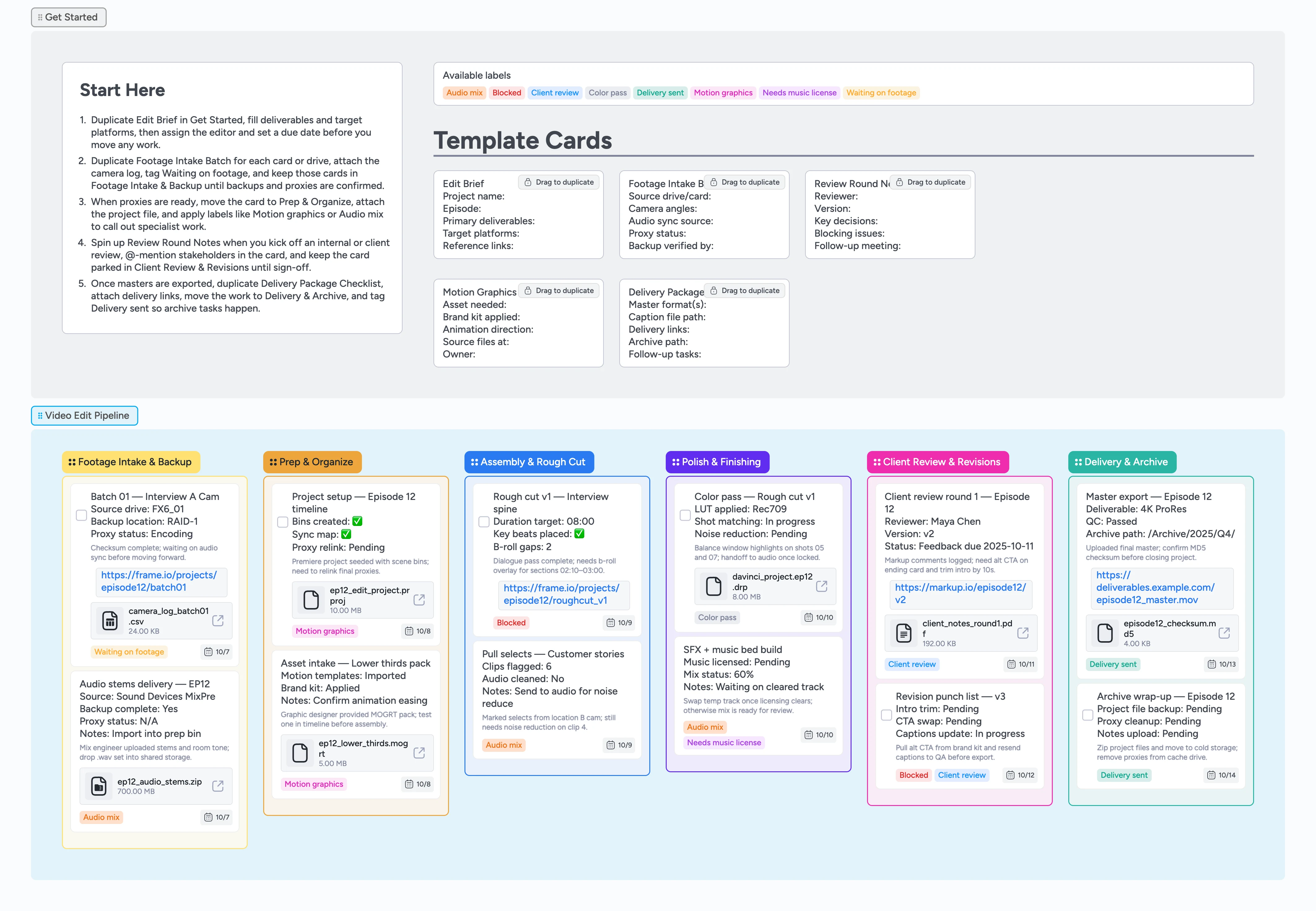 Instaboard canvas showing a video editing pipeline with color-coded stages, review notes, and delivery checklist cards.