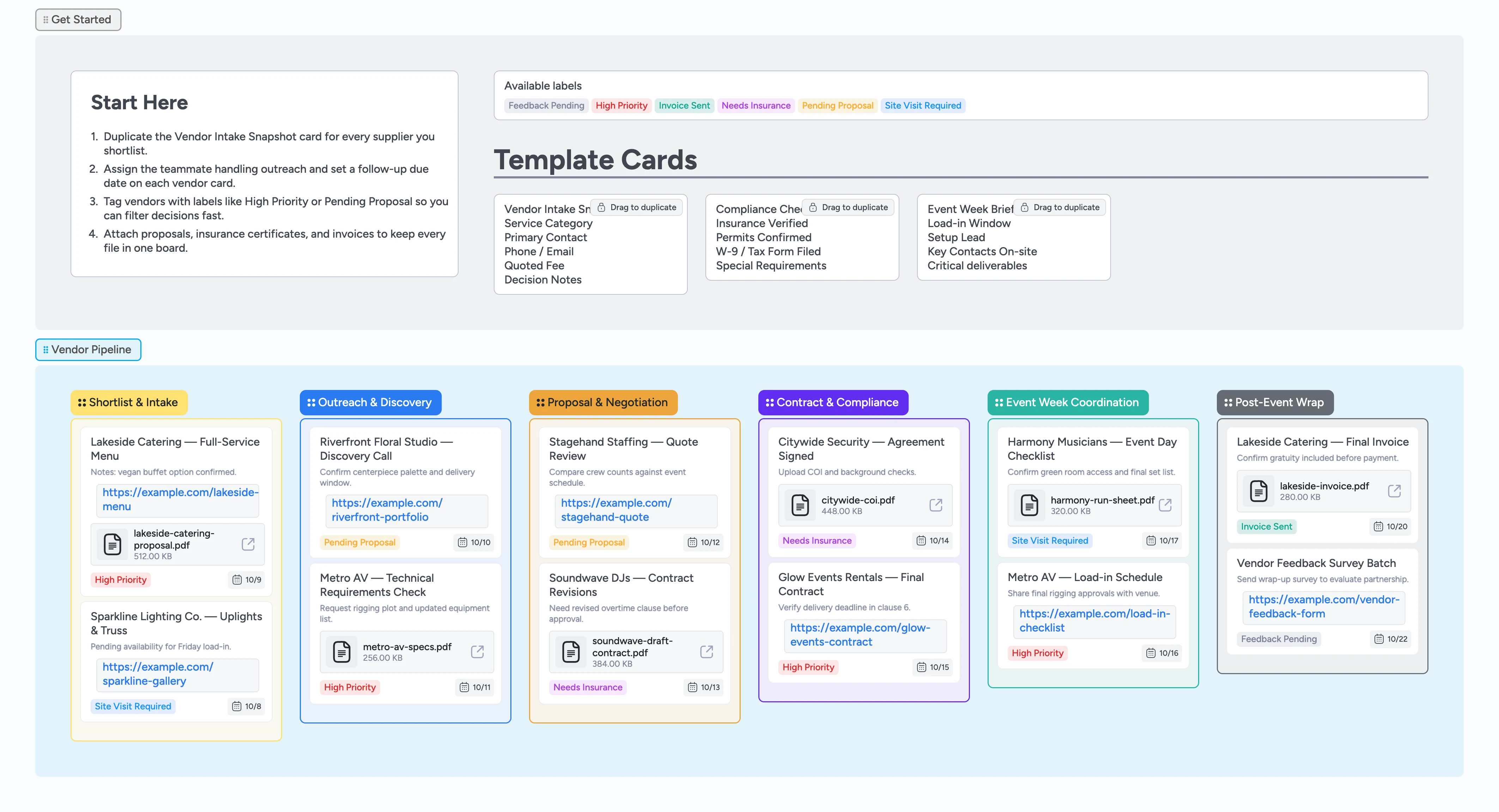 Screenshot of the Event Vendor Pipeline board with vendor stages, template cards, and a Start-Here panel.