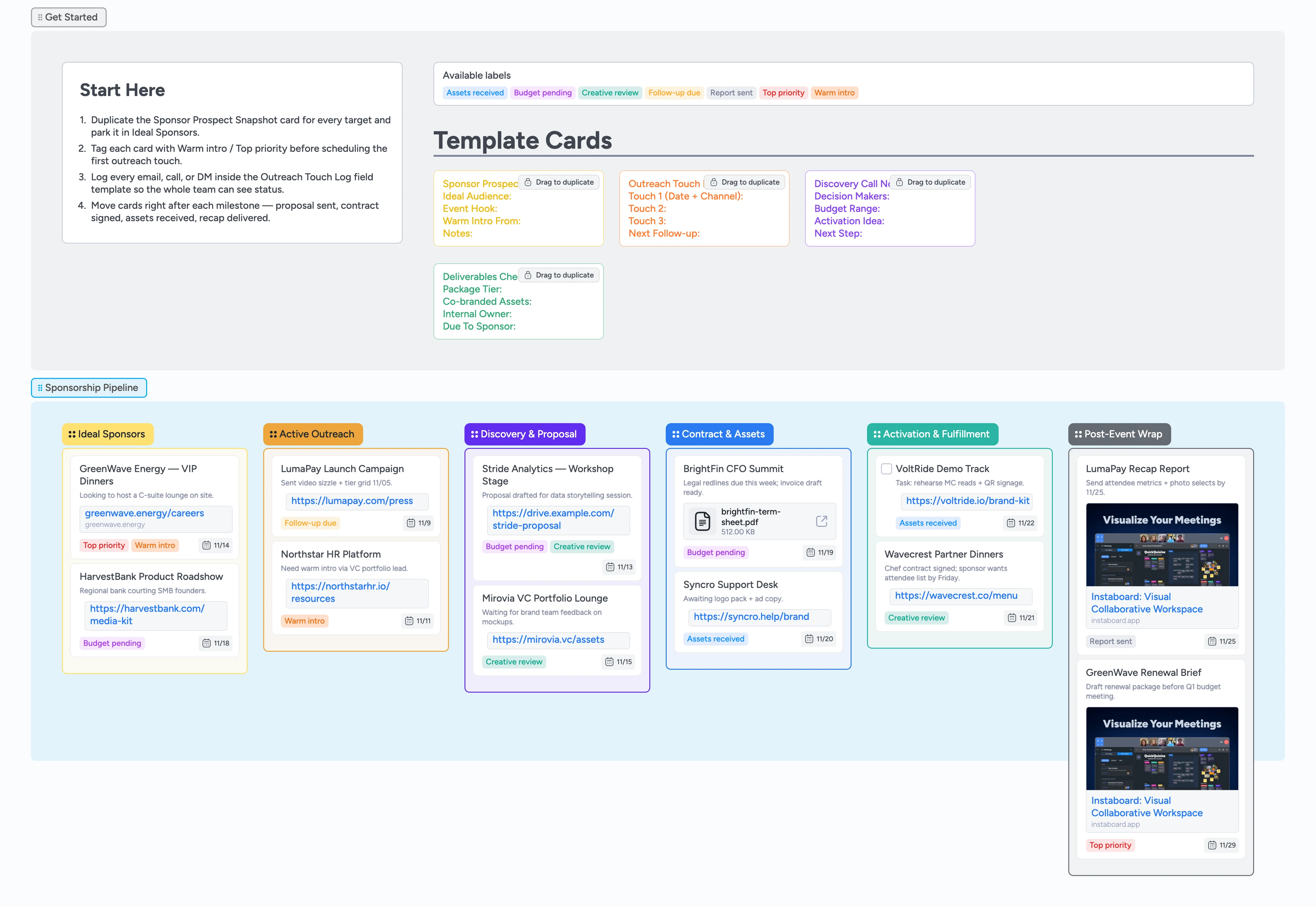 Color-coded Instaboard pipeline showing sponsorship outreach stages and micro-templates