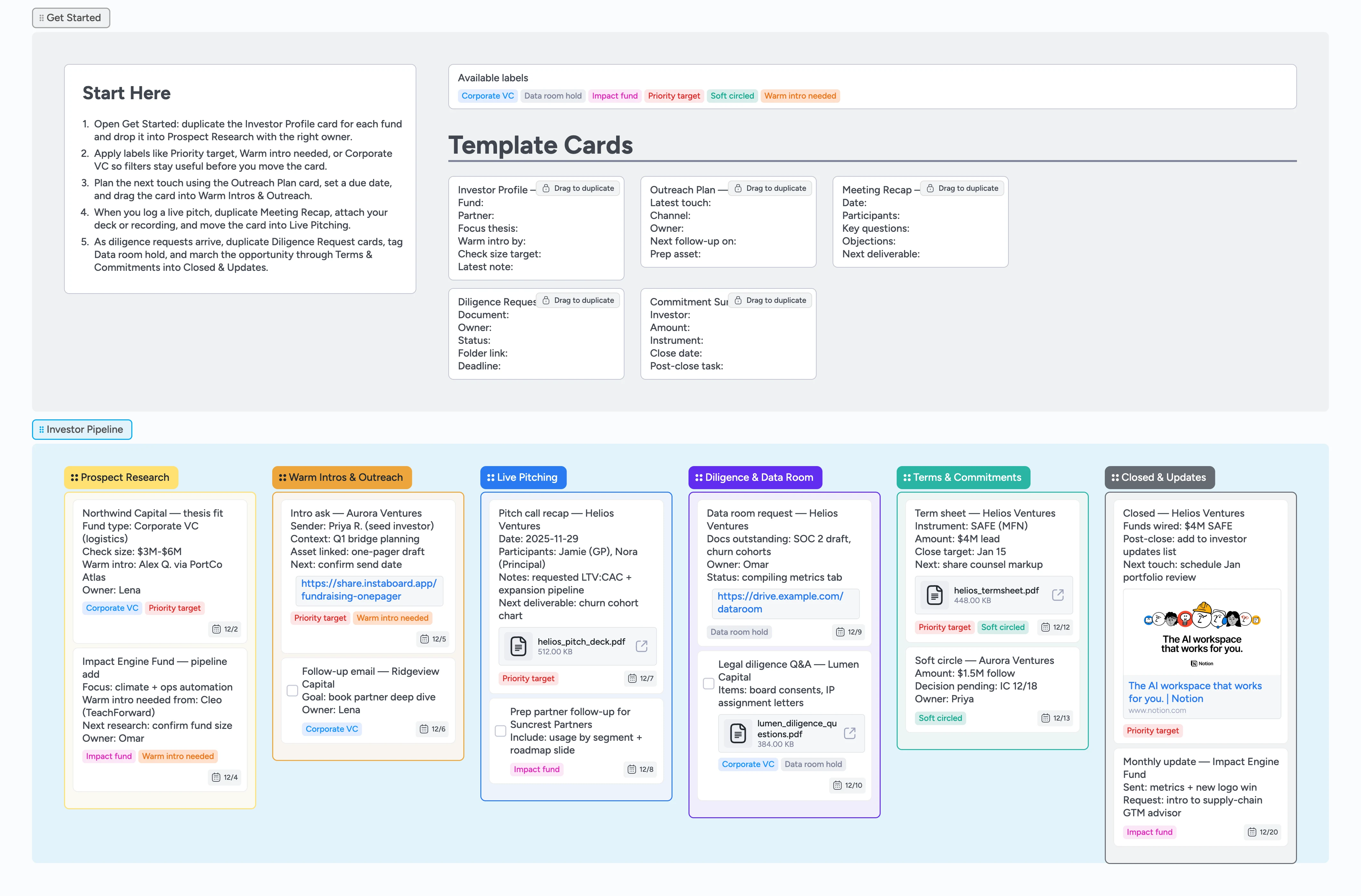 Instaboard fundraising pipeline with investor stages, template cards, and attachments
