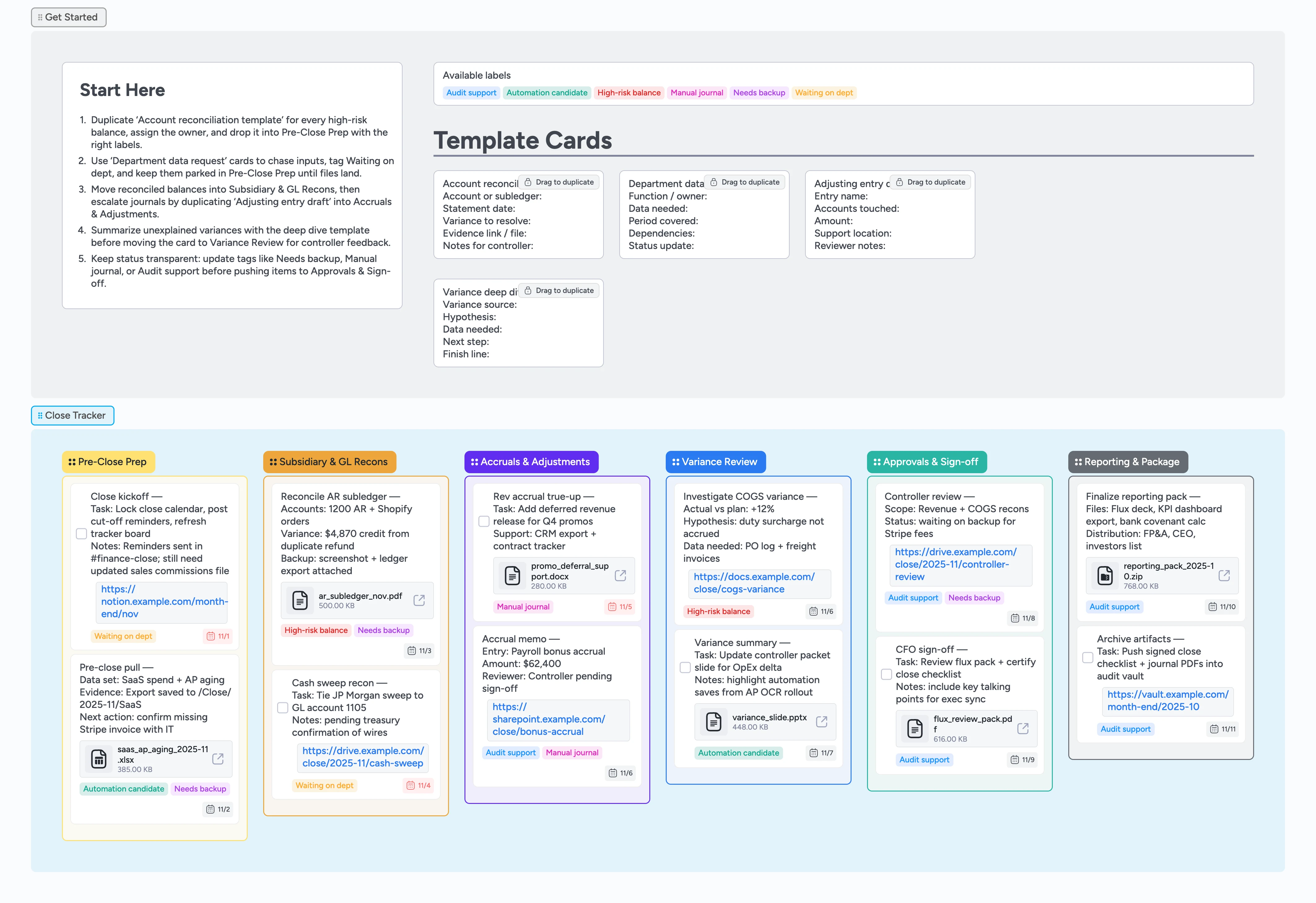 Instaboard Month-End Close Pipeline board showing Pre-Close Prep, Variance Review, and Approvals lists with audit tags.