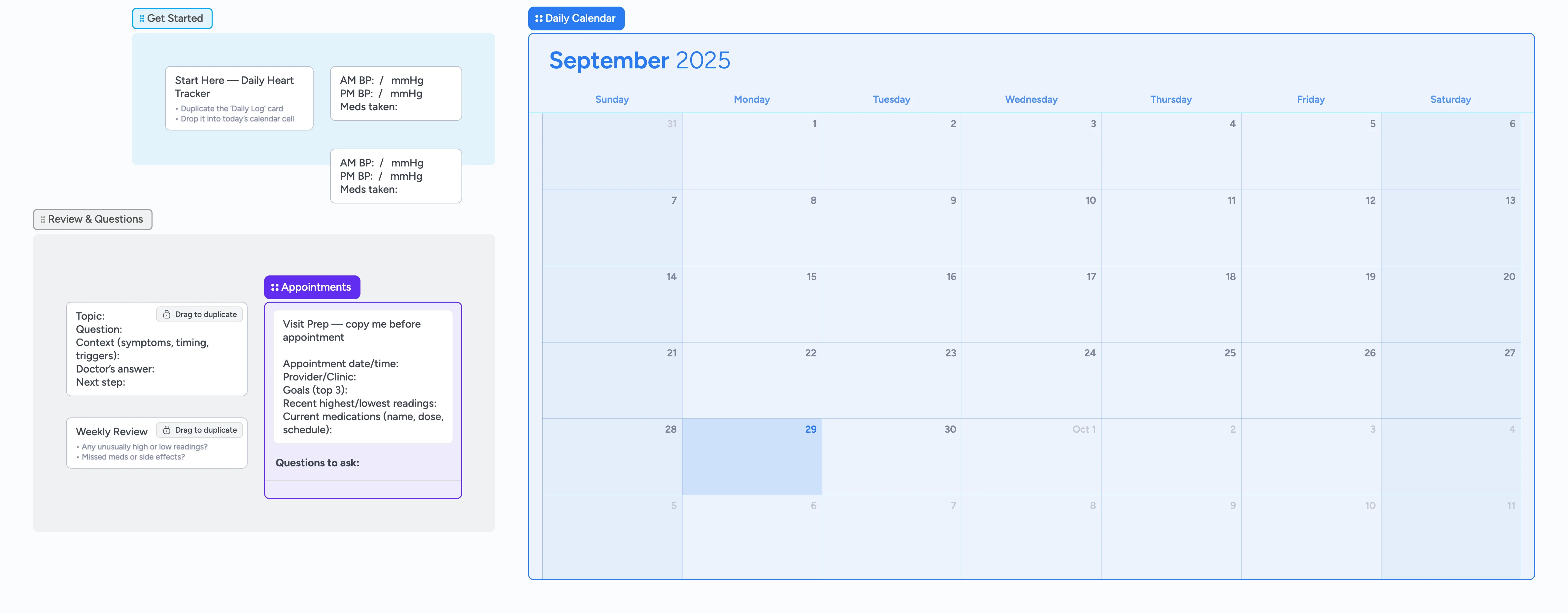 Daily heart tracker board with calendar and review sidecar