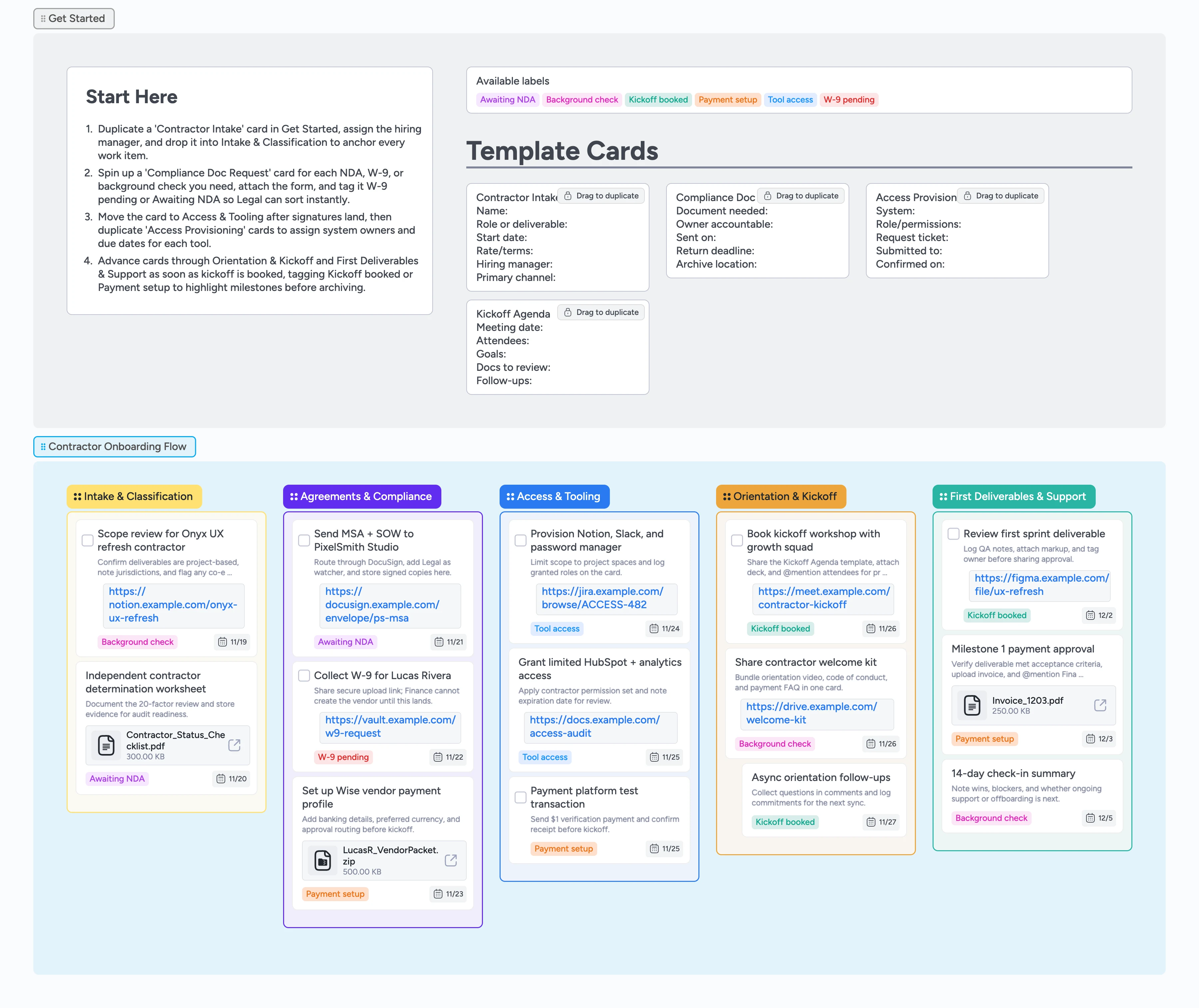 Instaboard pipeline showing contractor onboarding stages, template cards, and colorful labels.