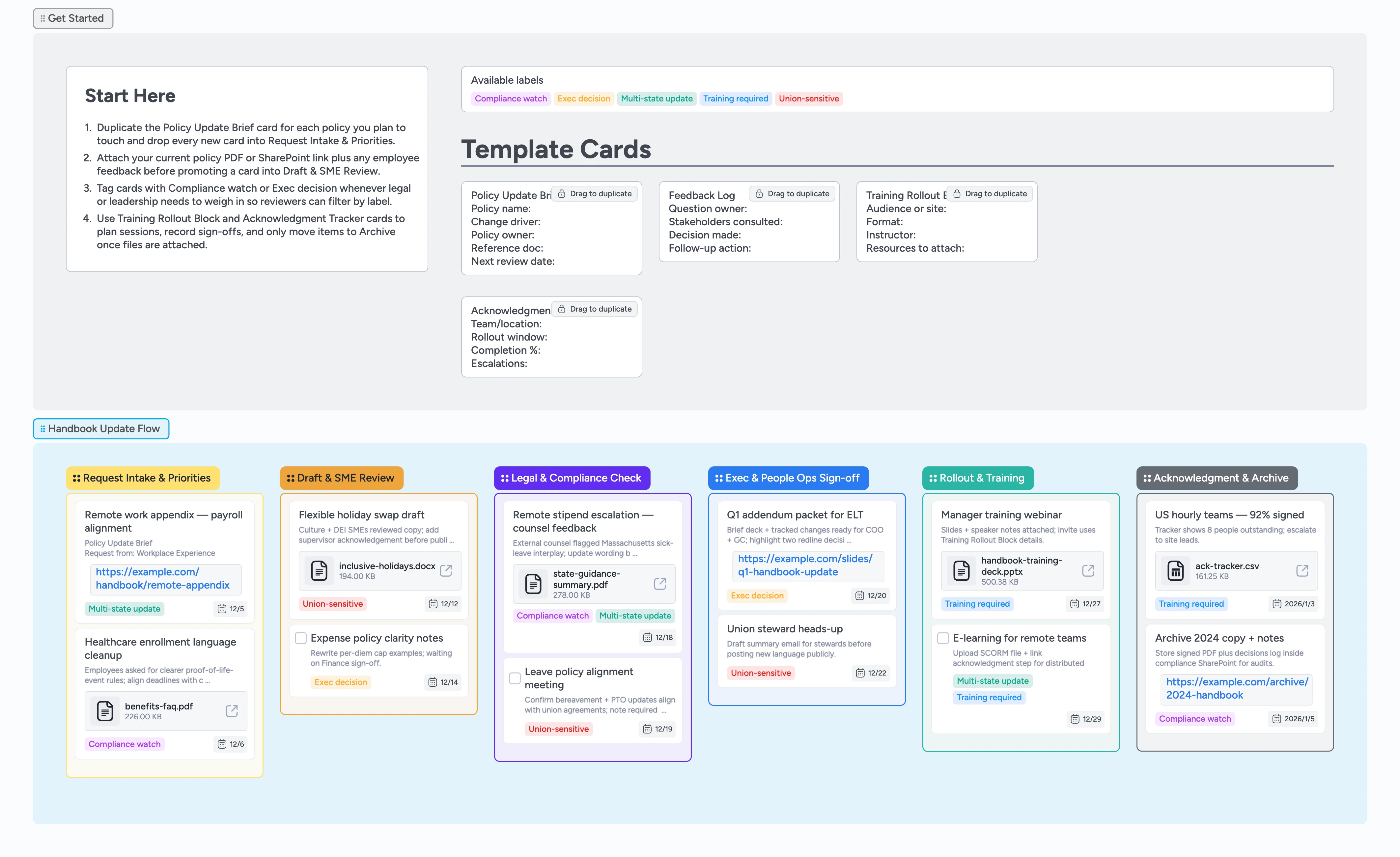Instaboard board showing employee handbook update pipeline lists and template cards