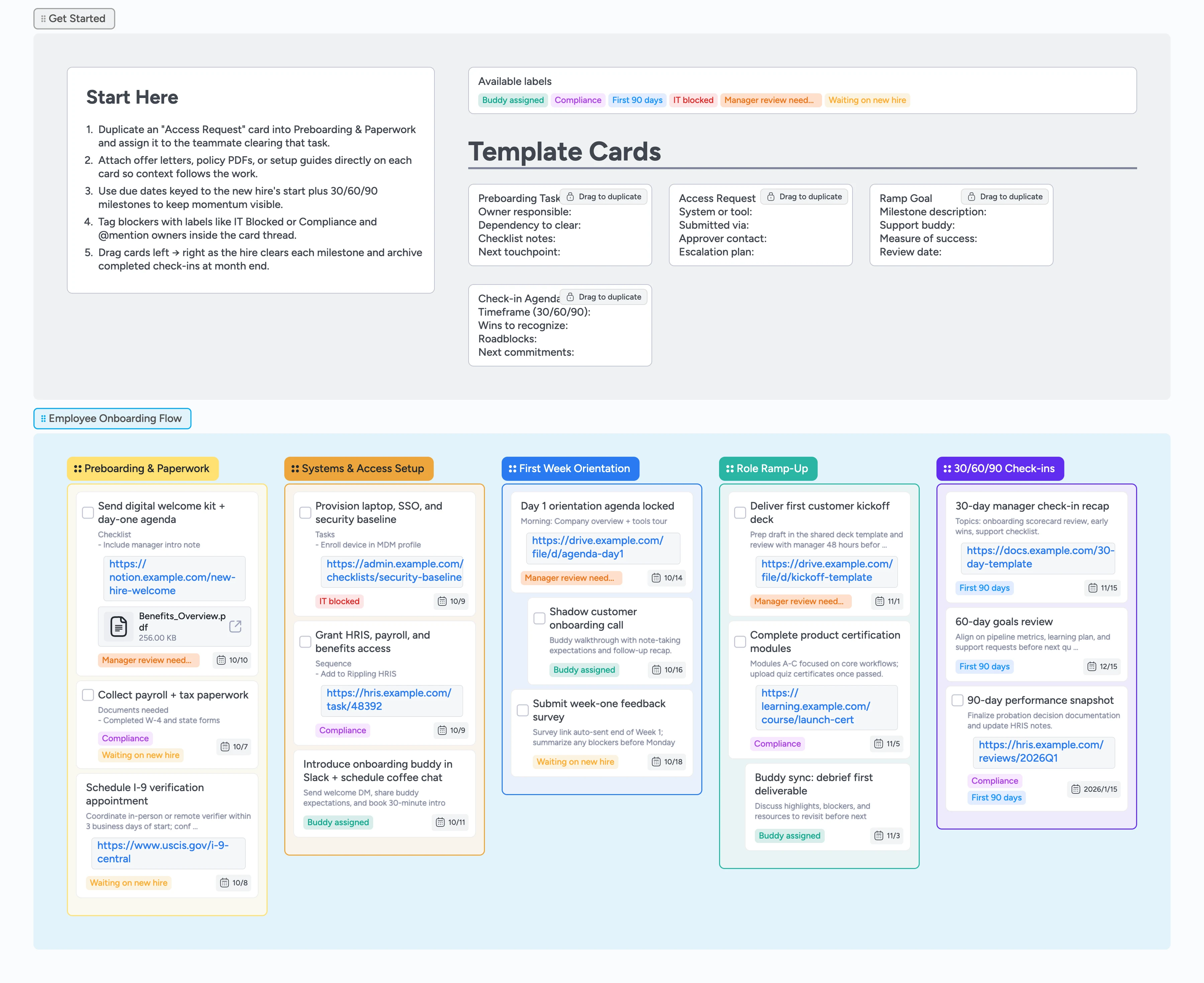 Instaboard new hire onboarding board with stages from Preboarding to 30/60/90 Check-ins