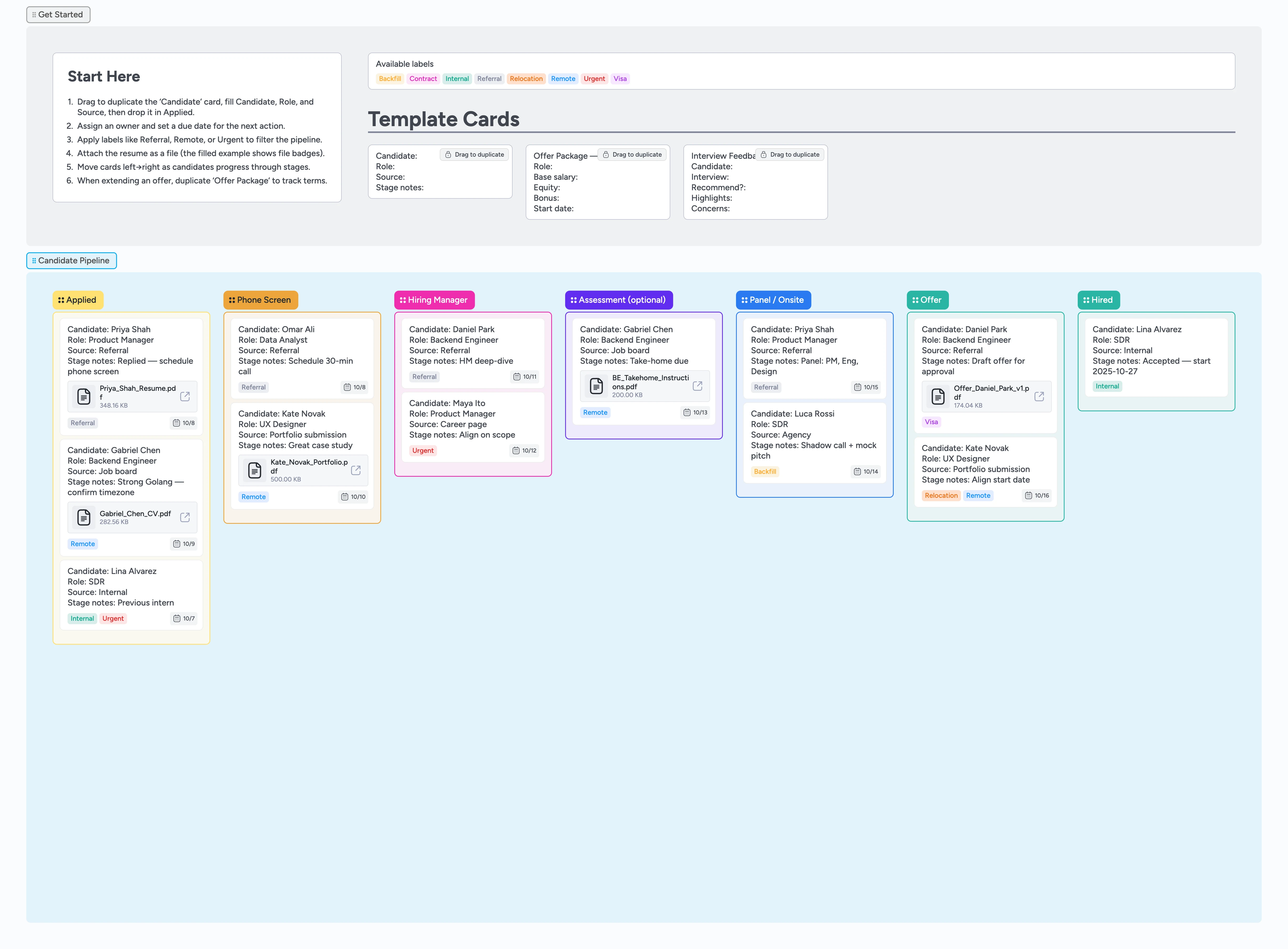 Instaboard hiring pipeline with stages from Applied to Hired