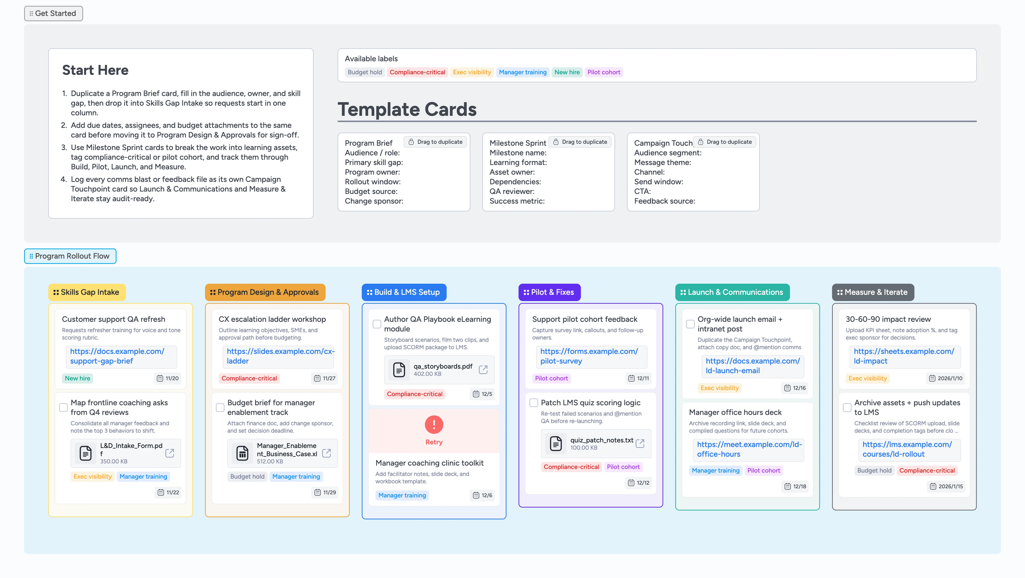 Six-column Instaboard board showing L&D program rollout lists and guidance cards.