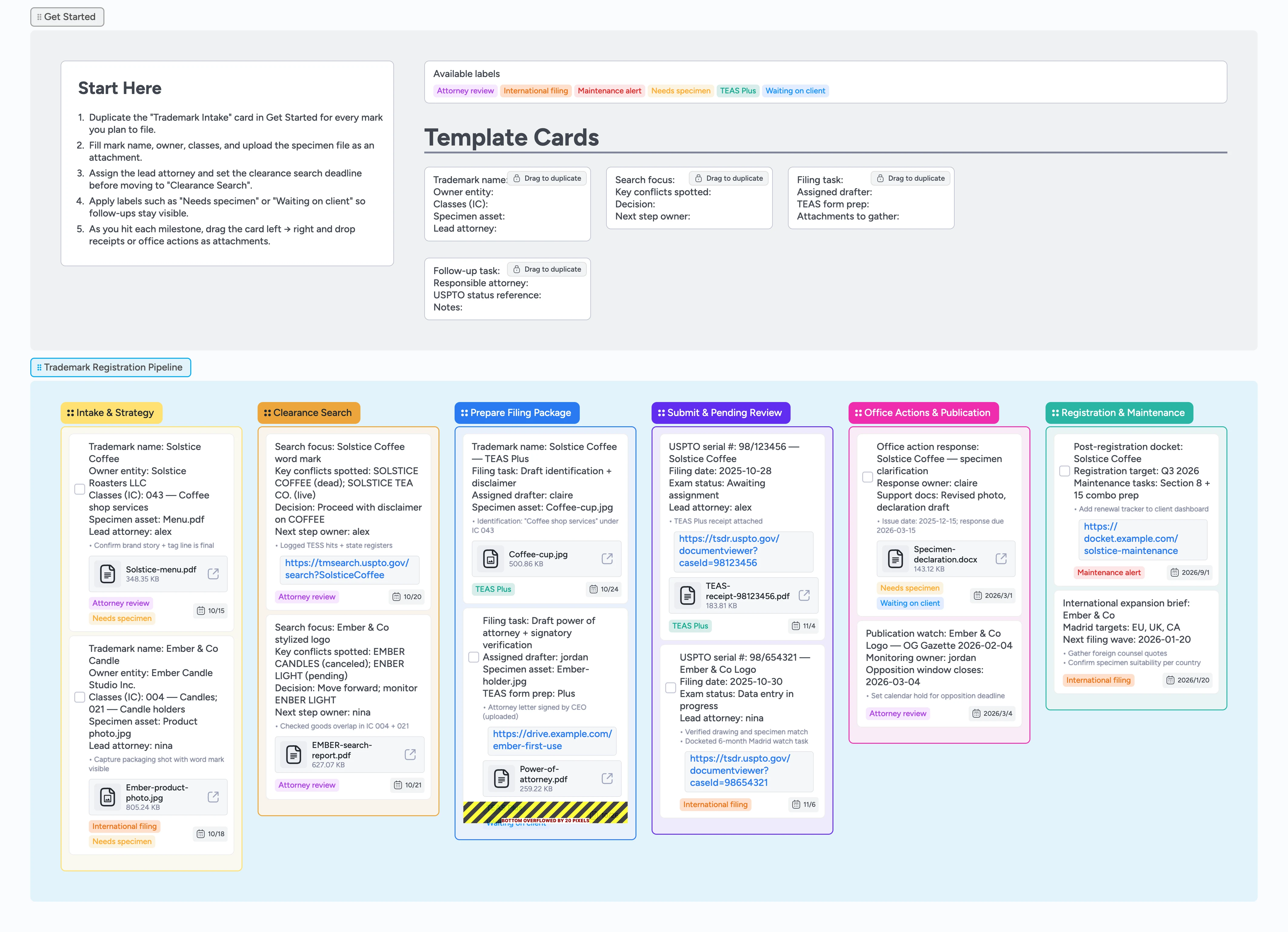 Instaboard trademark registration board with columns for intake, clearance search, filing prep, review, office actions, and maintenance