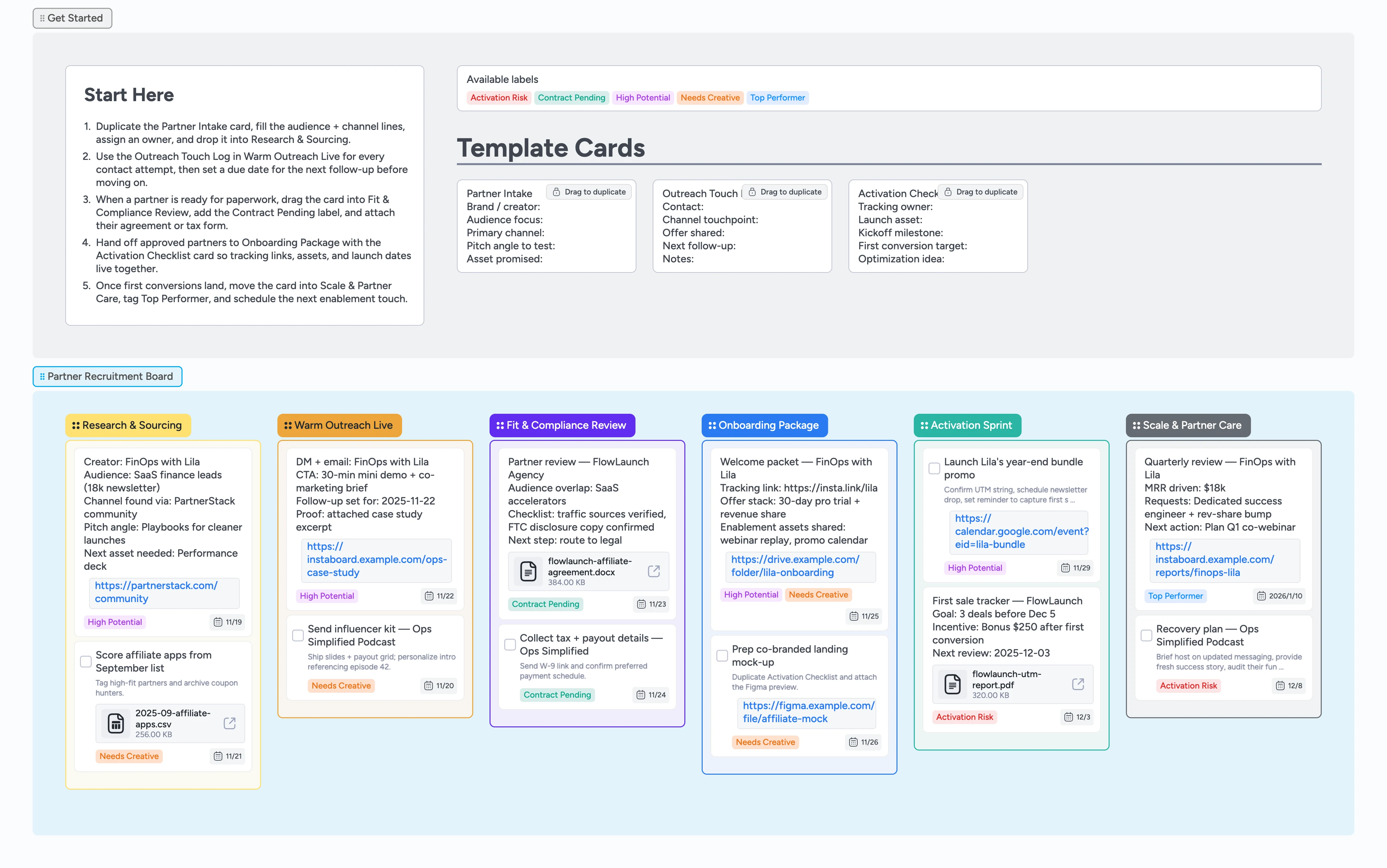 Screenshot of the Affiliate Recruitment Pipeline board with Start Here guidance, intake cards, and six recruitment stages.