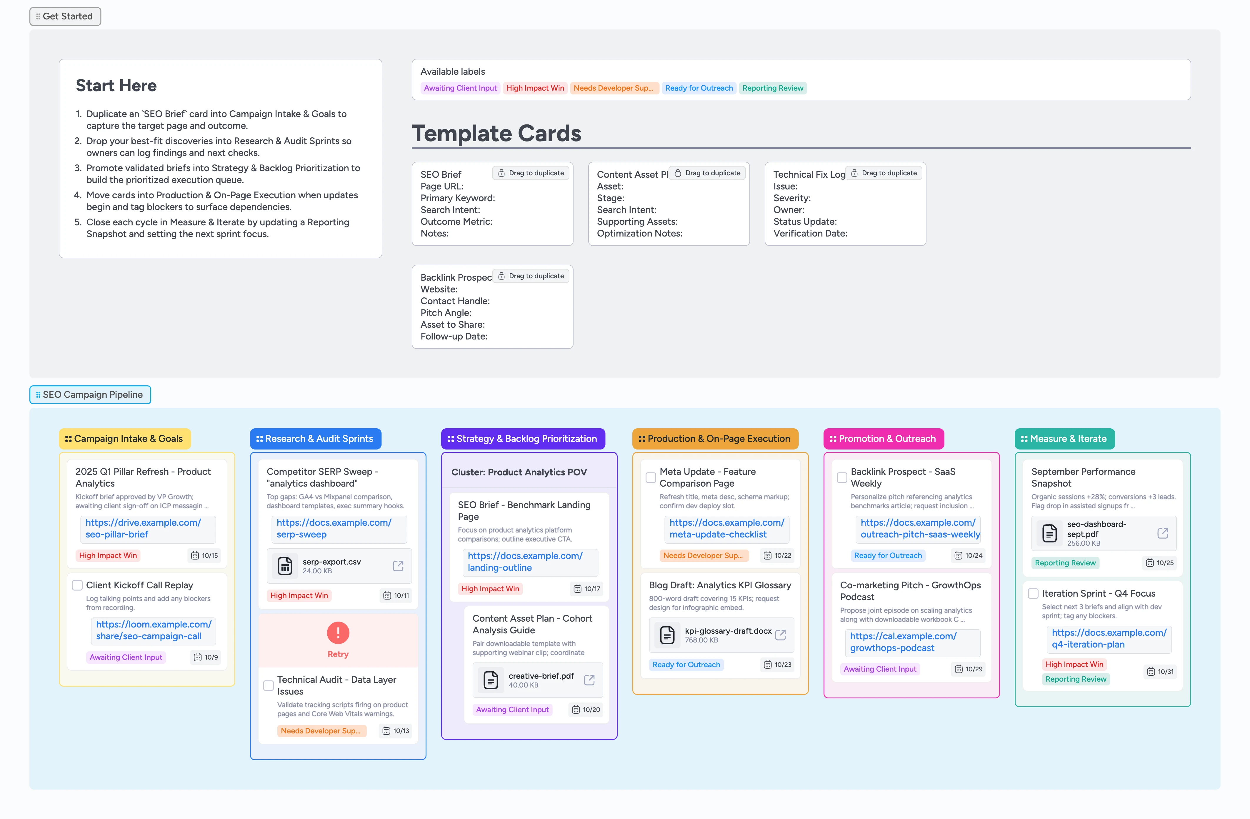 Instaboard SEO campaign pipeline board showing lists for intake, research, strategy, production, outreach, and measurement with template cards.
