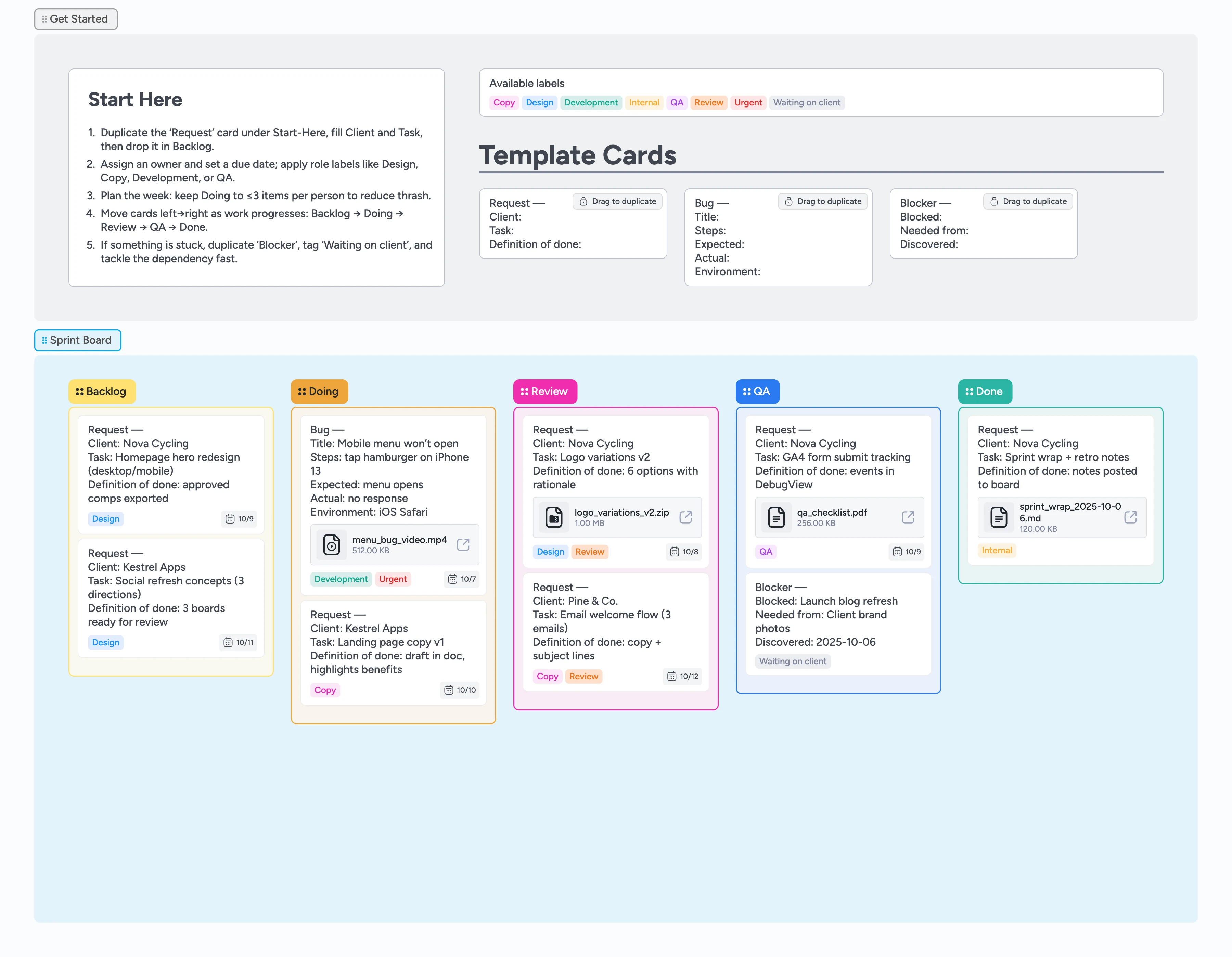 Agency sprint board with Backlog, Doing, Review, QA, Done lists