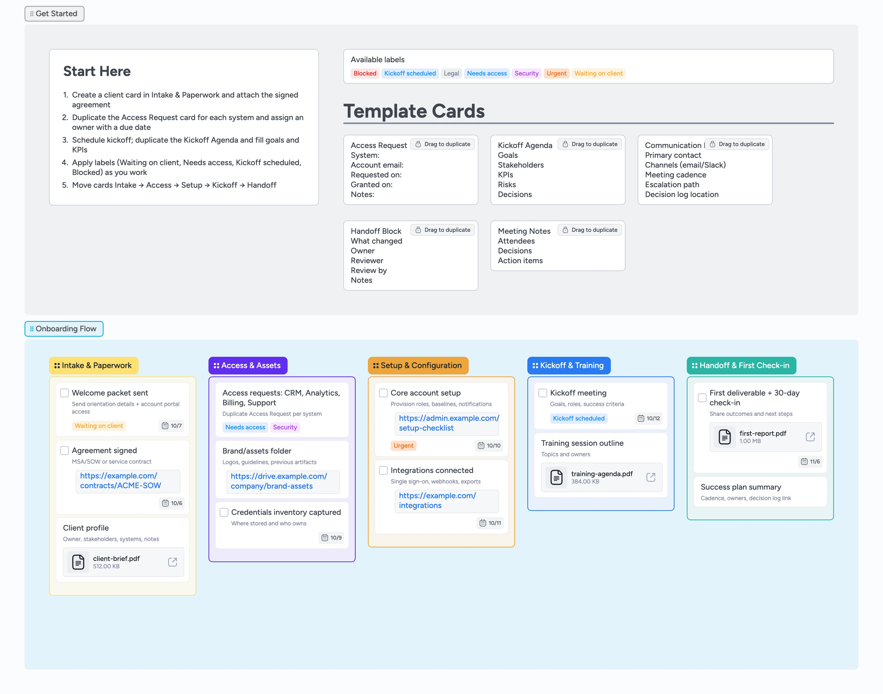 Instaboard board with five‑stage client onboarding pipeline, Start‑Here guidance, and duplicate‑lock micro‑templates