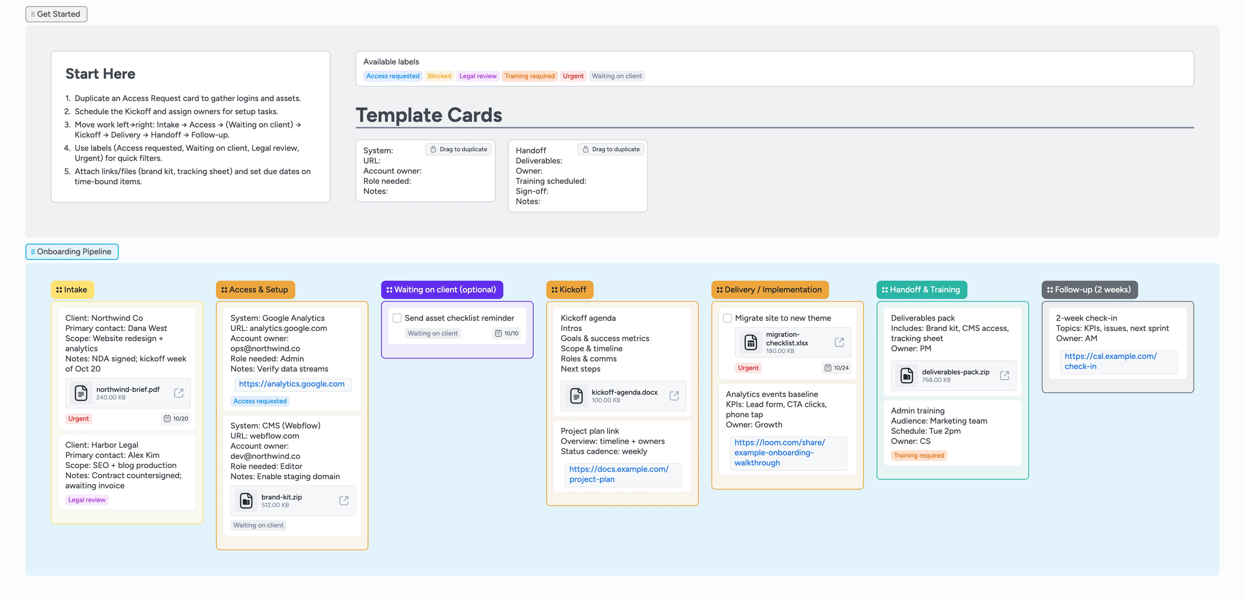 Client onboarding board with Intake, Access & Setup, Waiting on client, Kickoff, Delivery, Handoff, Follow‑up lists