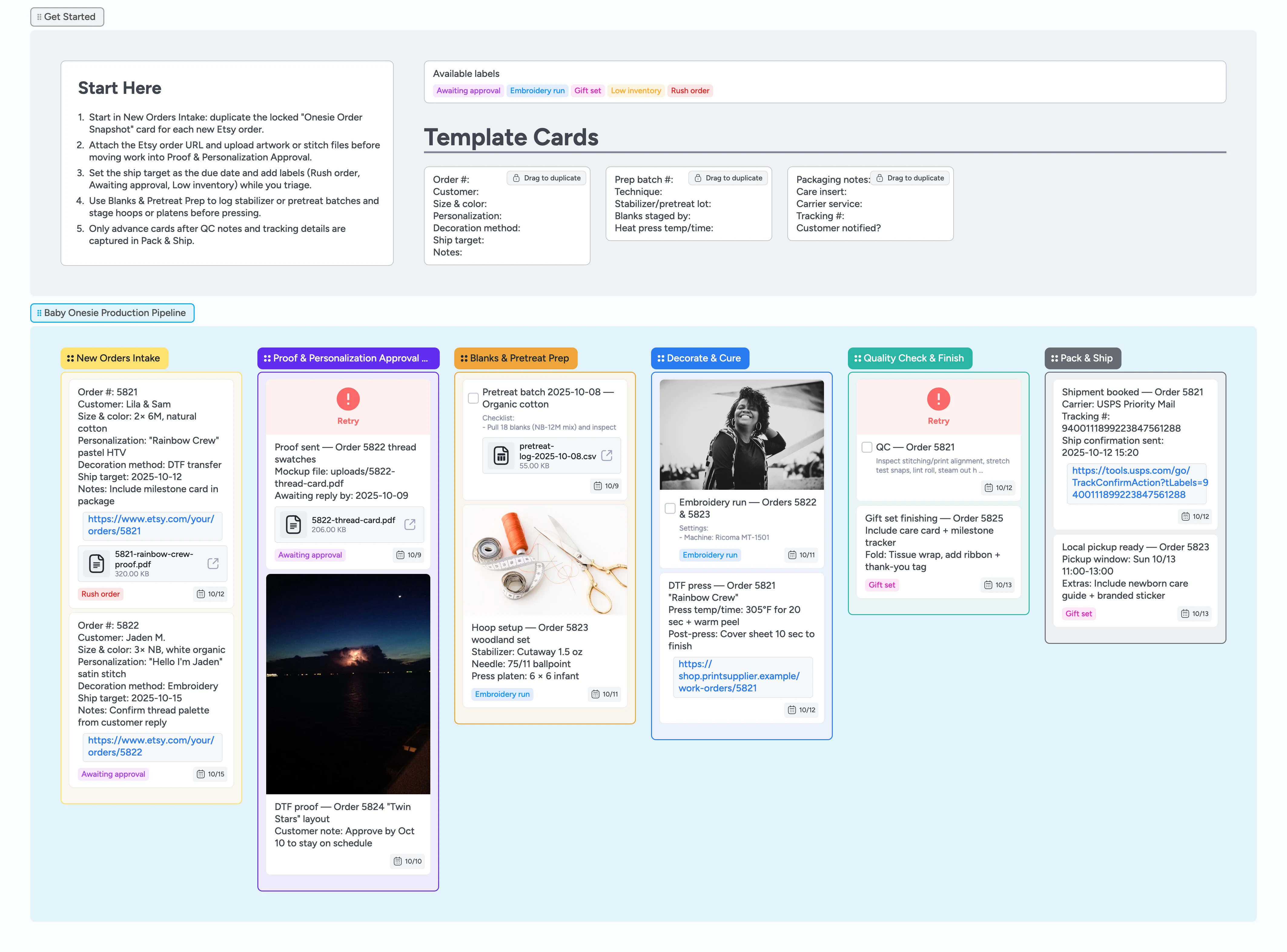 Instaboard pipeline showing baby onesie orders moving from intake to pack and ship