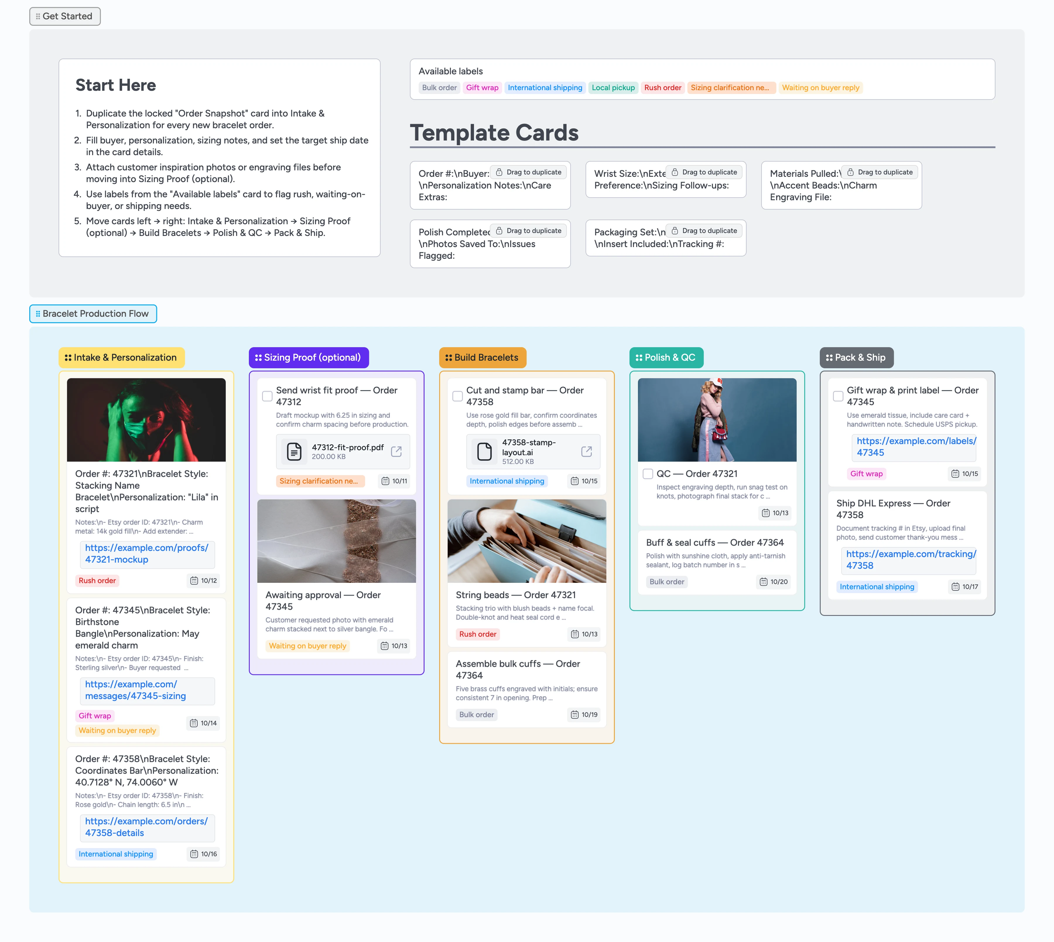 Instaboard pipeline for bracelet orders showing stages from intake through pack and ship