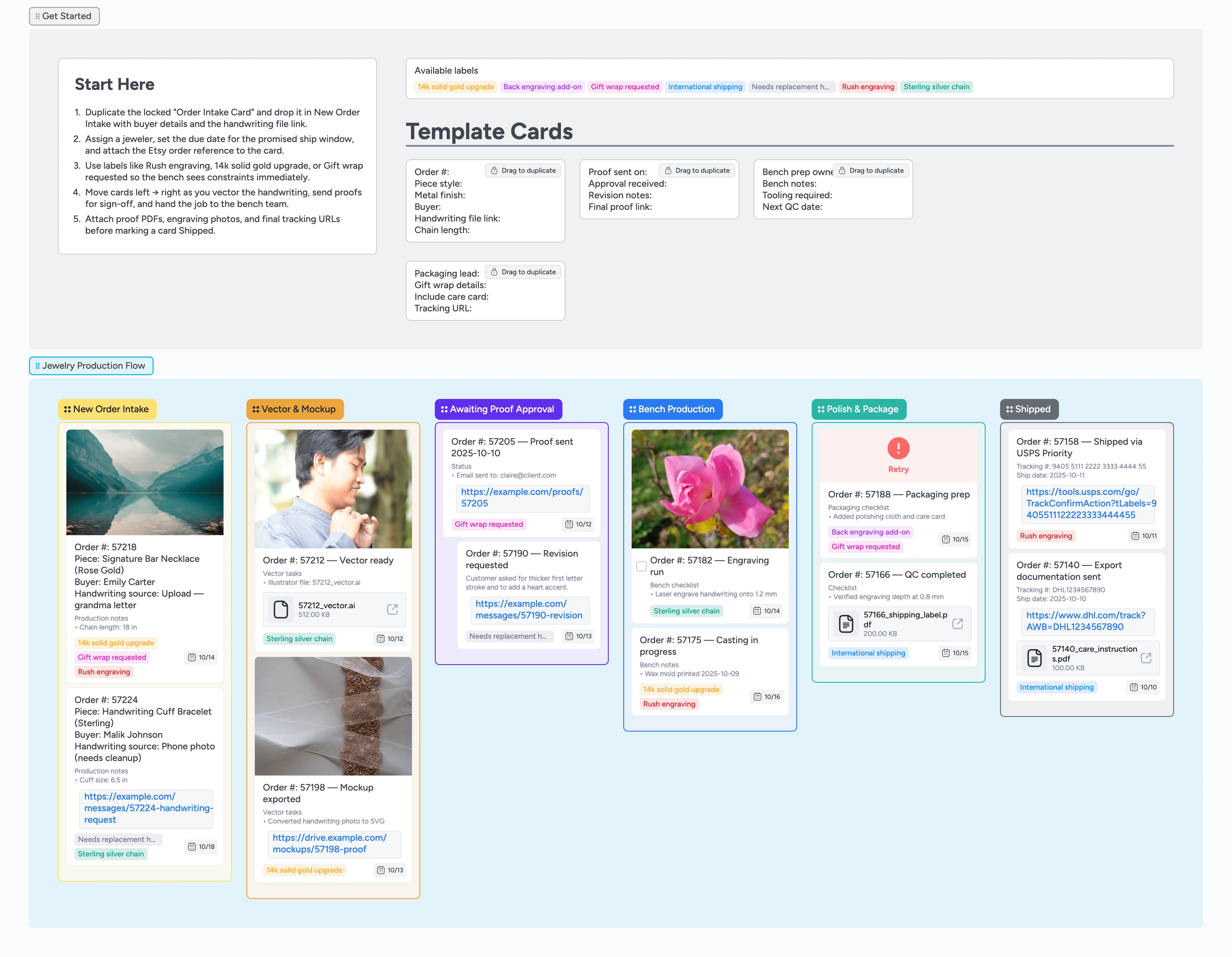 Instaboard pipeline for handwriting jewelry with intake, proof, bench, and shipping columns