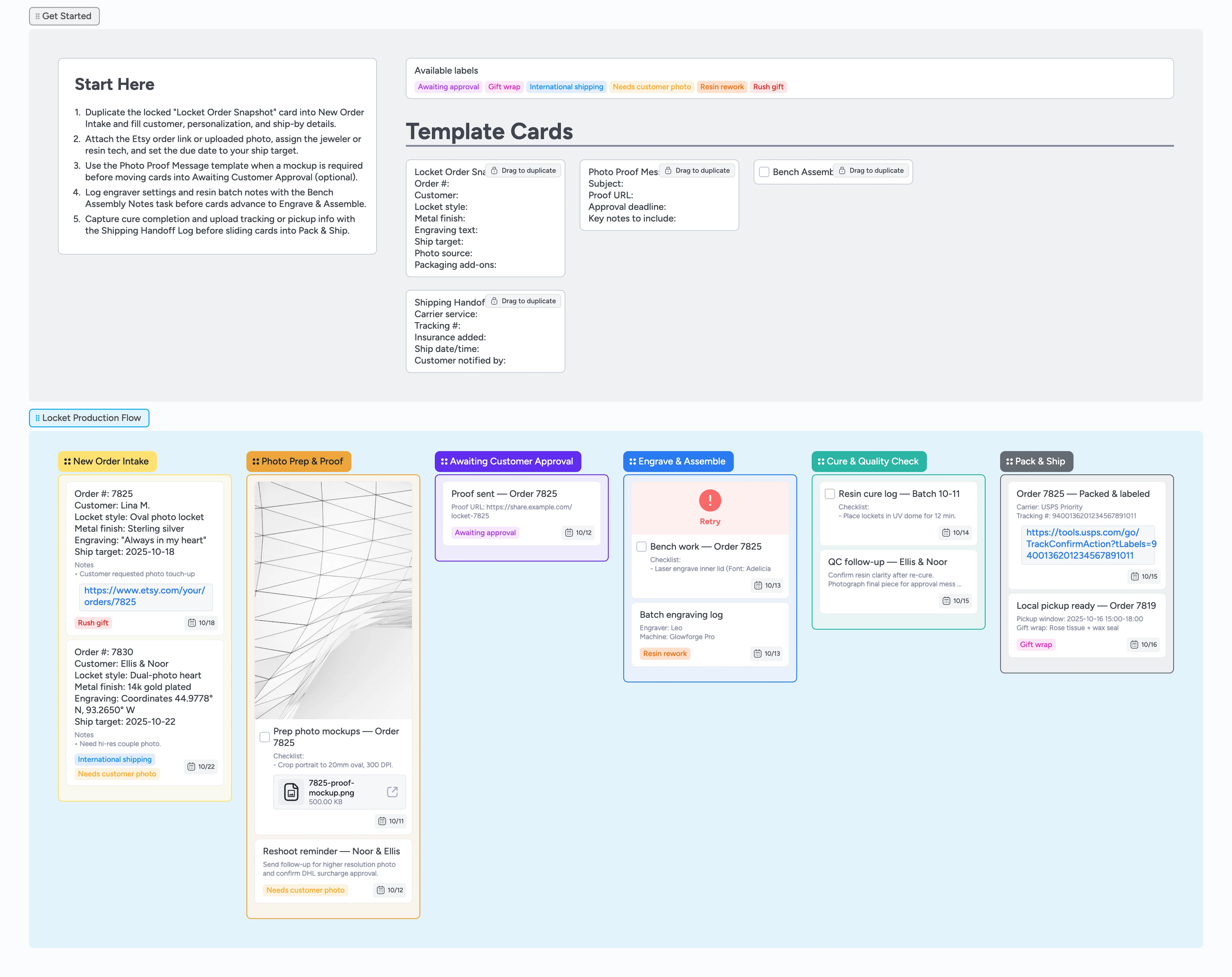 Instaboard pipeline with lists for locket order intake, photo proofing, assembly, curing, and pack and ship tasks