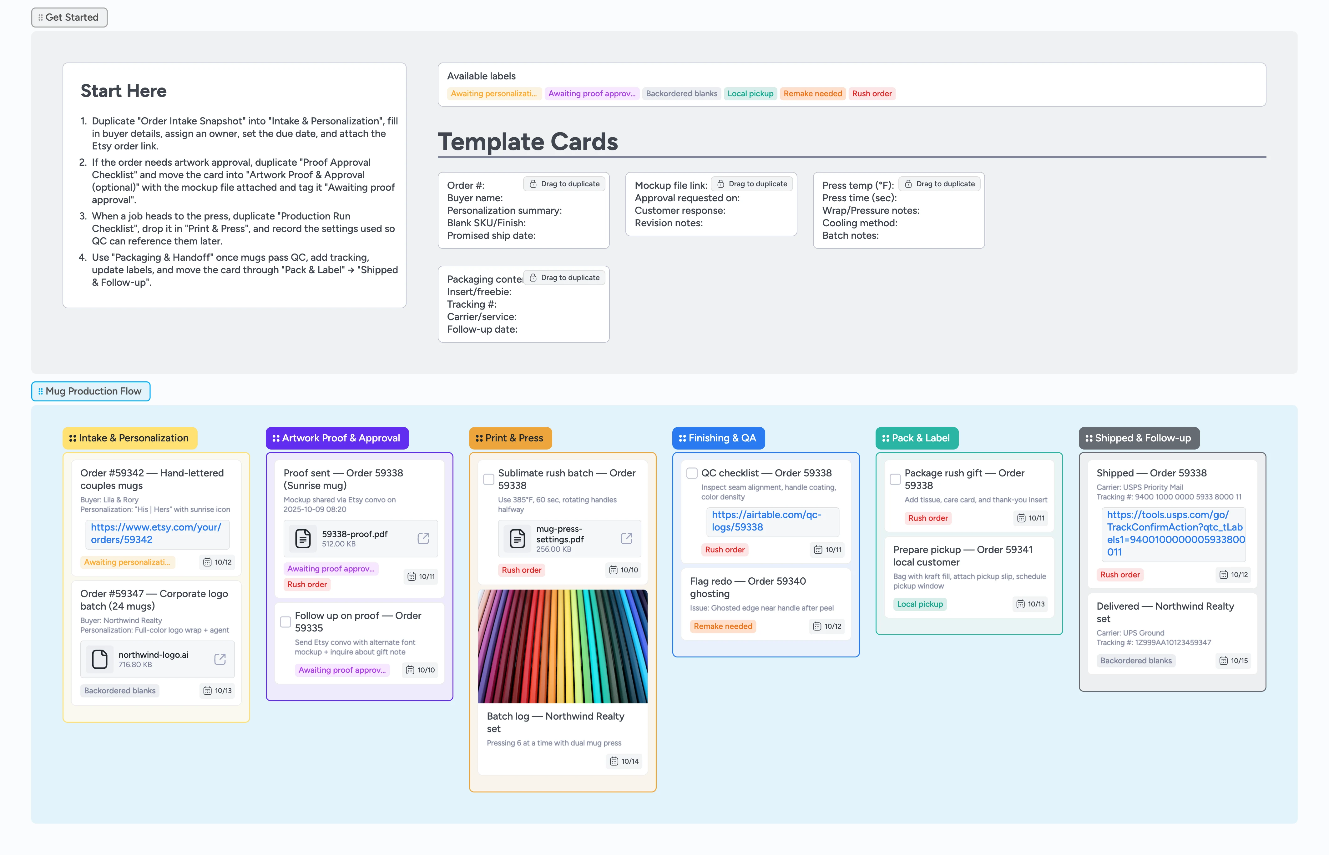 Instaboard pipeline for custom mug production showing intake, proof, press, packing, and shipped lists