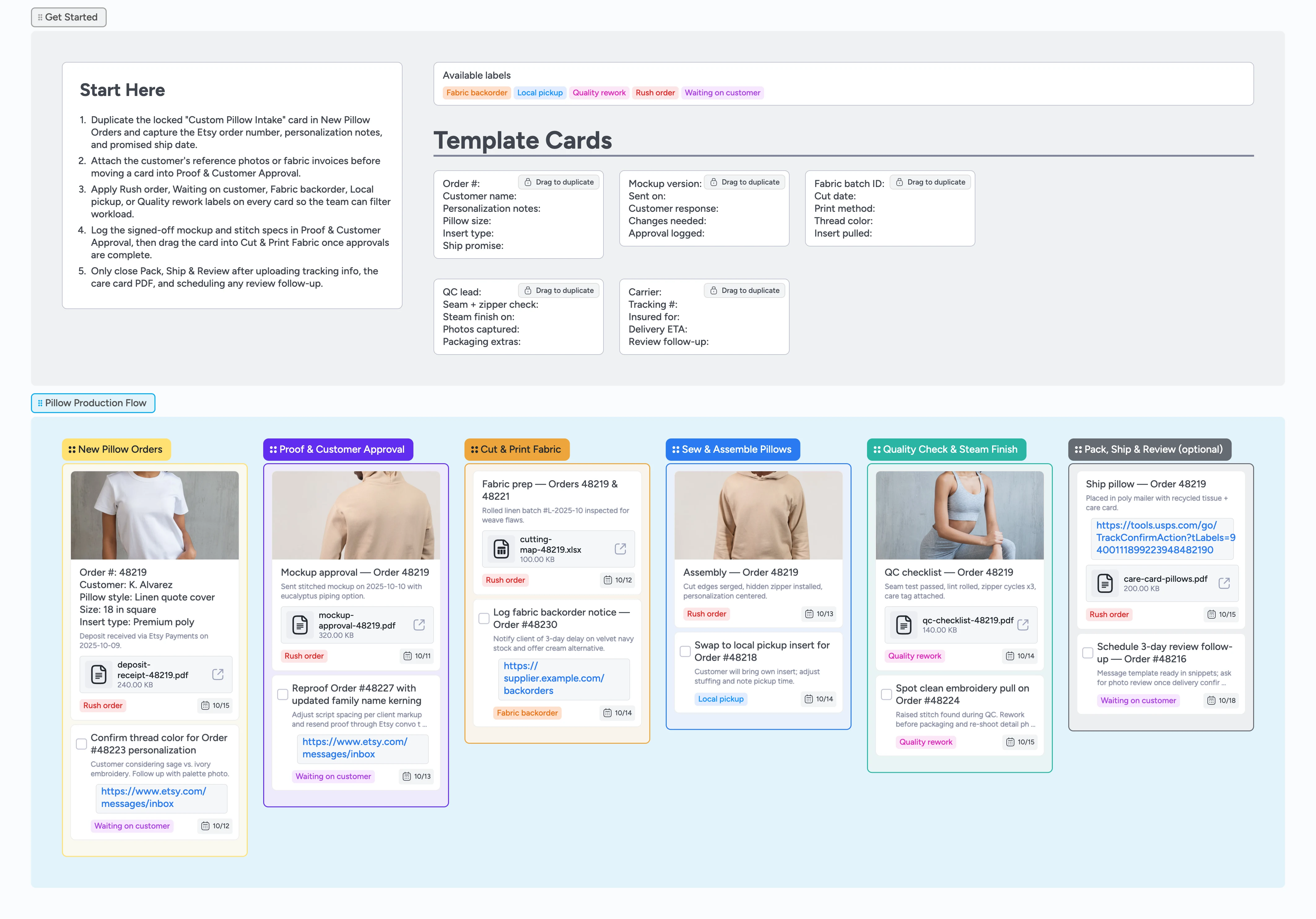 Screenshot of Instaboard pipeline for custom pillow production with colorful stages for proofs, fabric prep, sewing, and shipping.