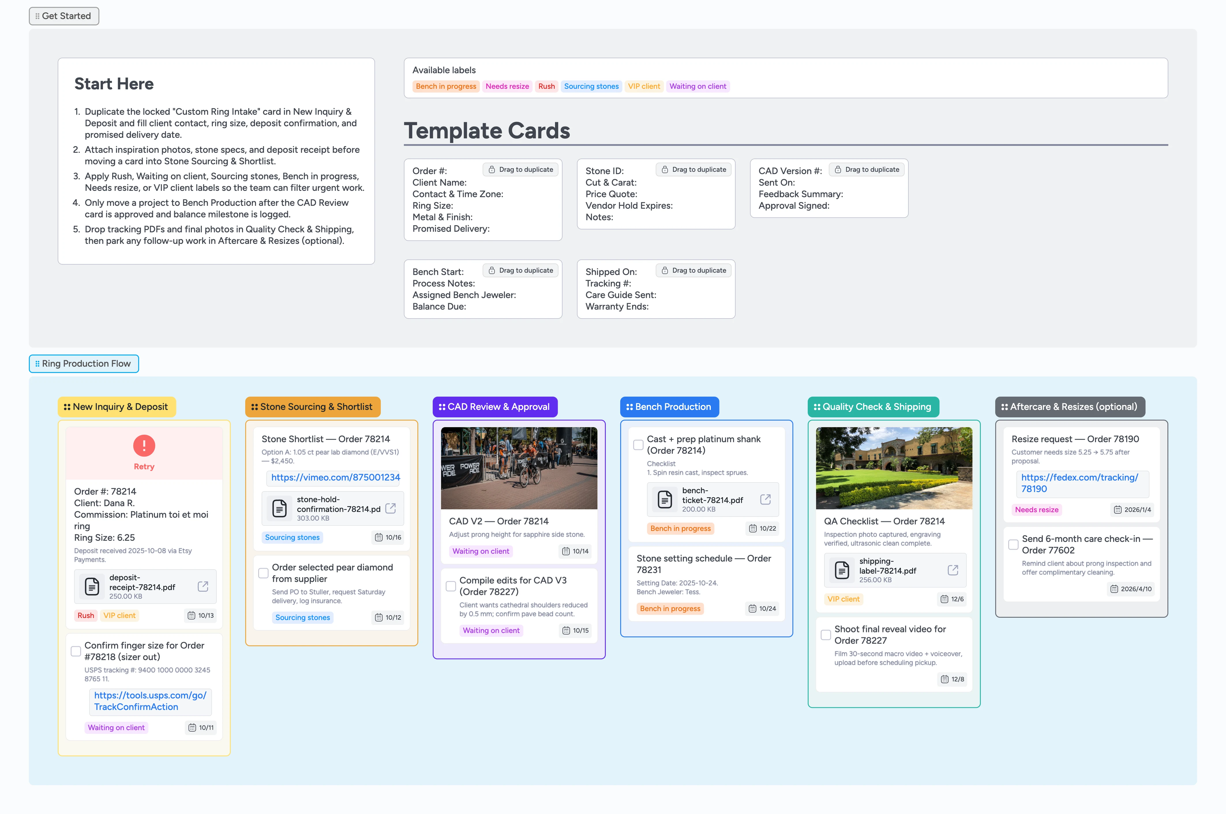 Instaboard pipeline for custom ring orders showing stages from deposit to quality check