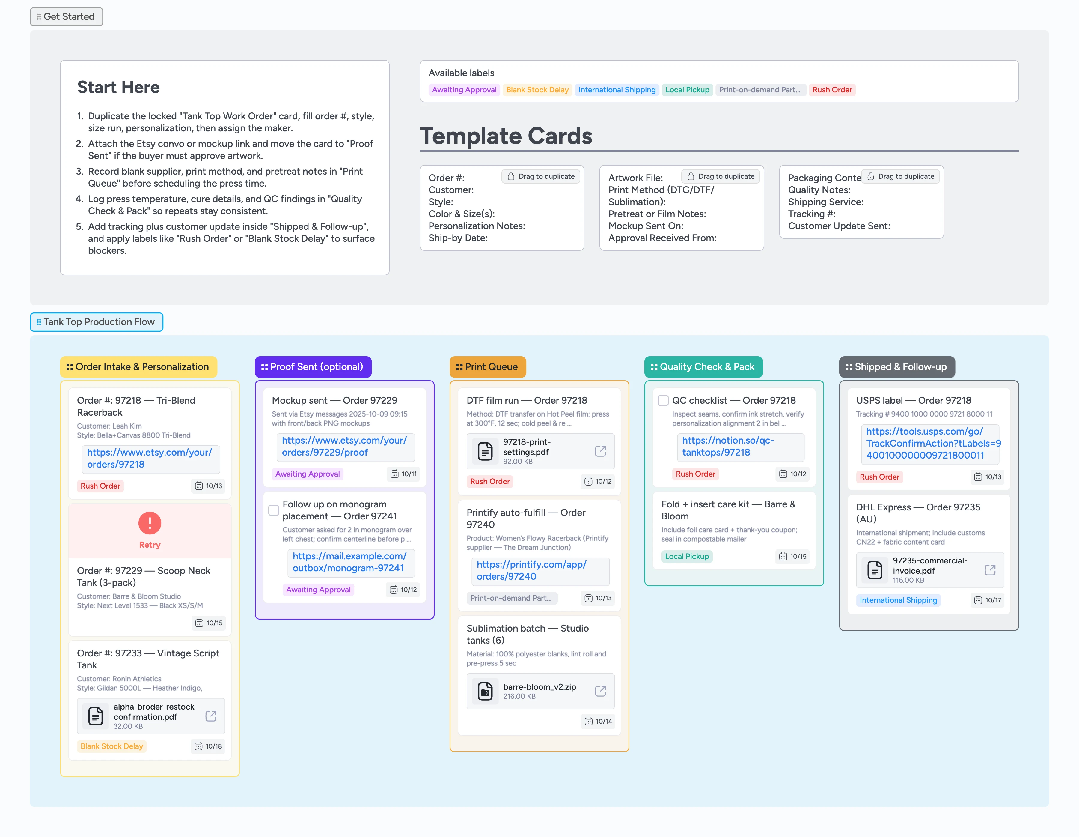 Instaboard pipeline showing Etsy tank top orders flowing from intake to shipped
