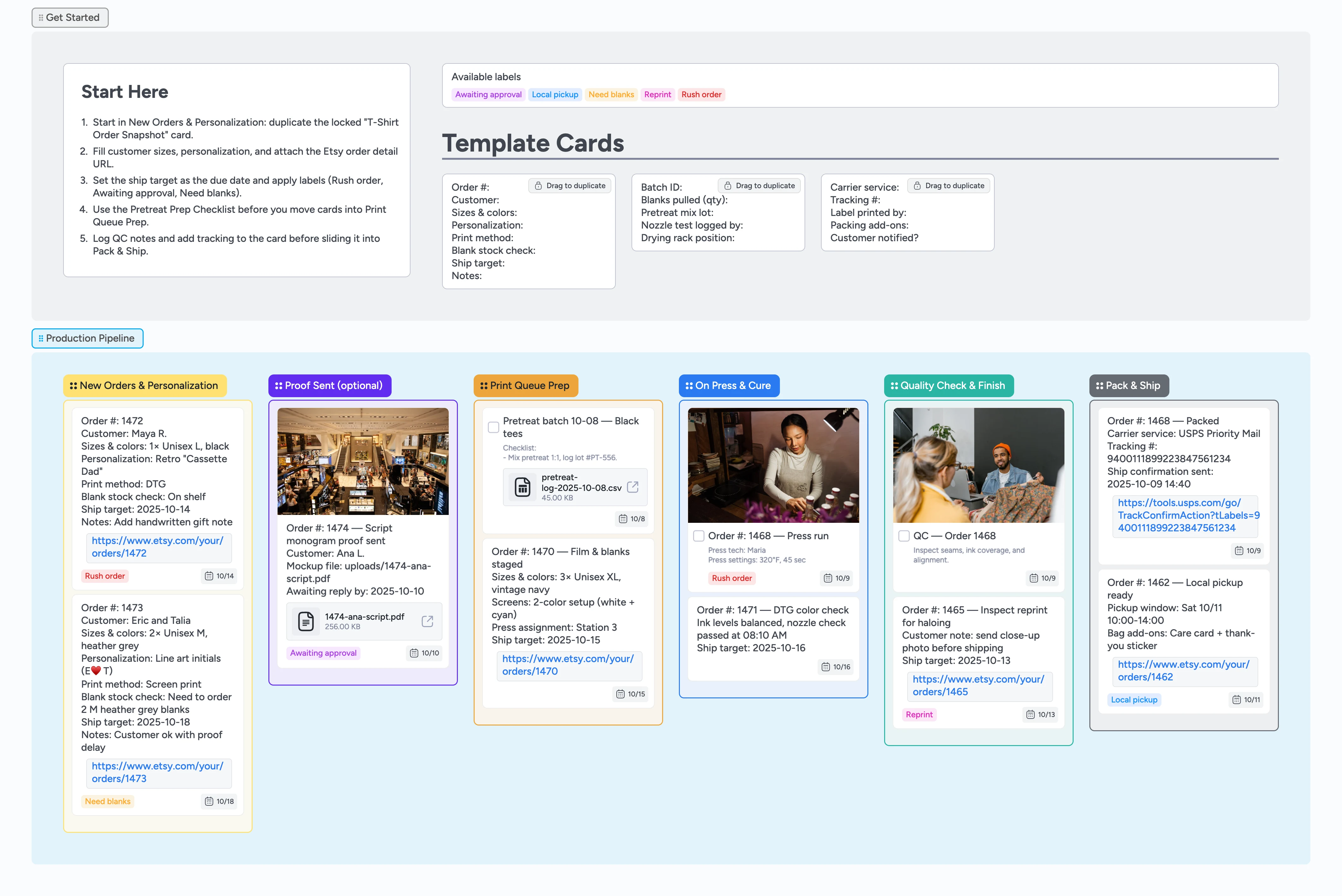 Instaboard pipeline showing Etsy t-shirt orders moving from personalization to pack and ship