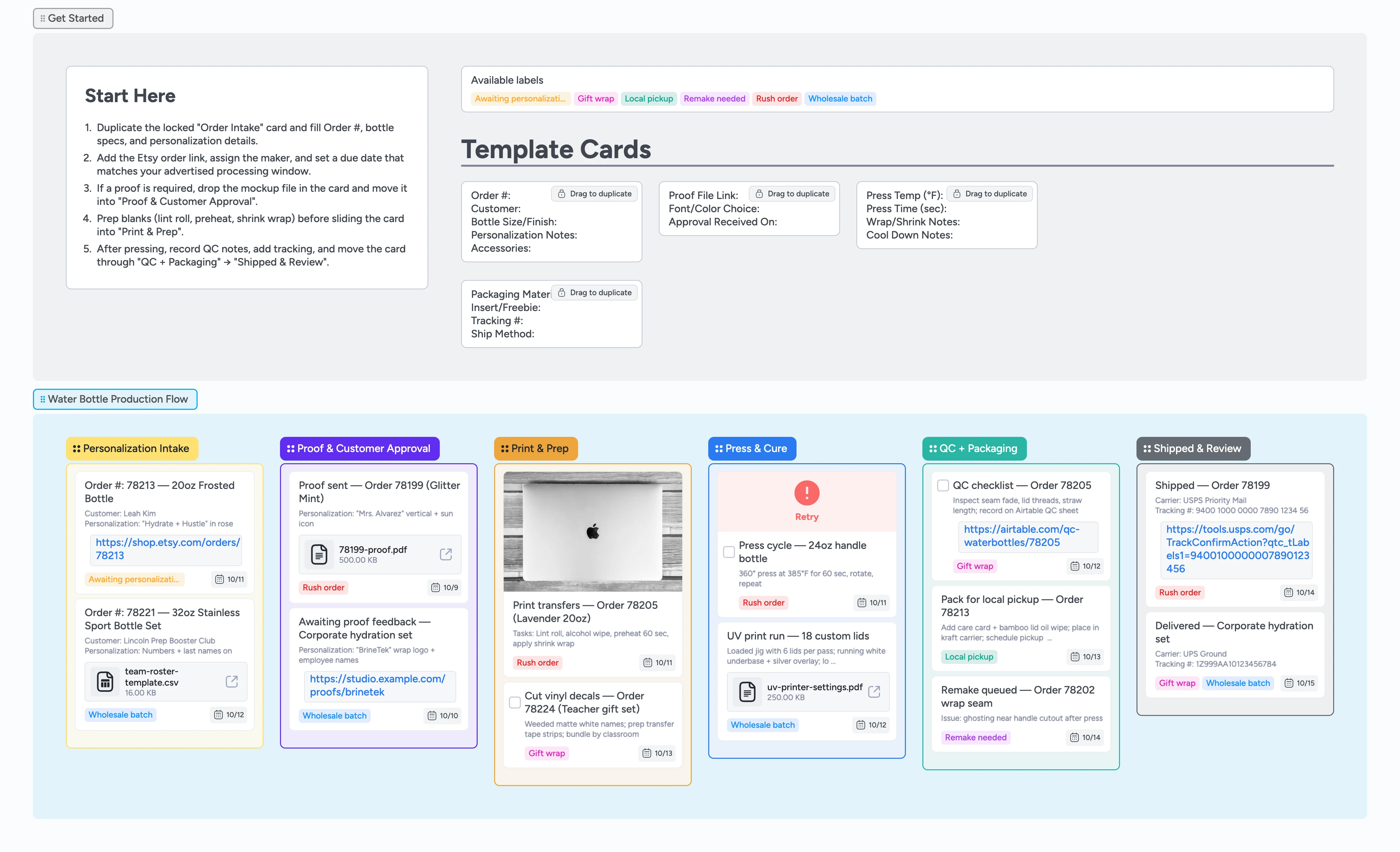 Instaboard pipeline for Etsy water bottle production with lists for proofs, pressing, packaging, and shipped orders