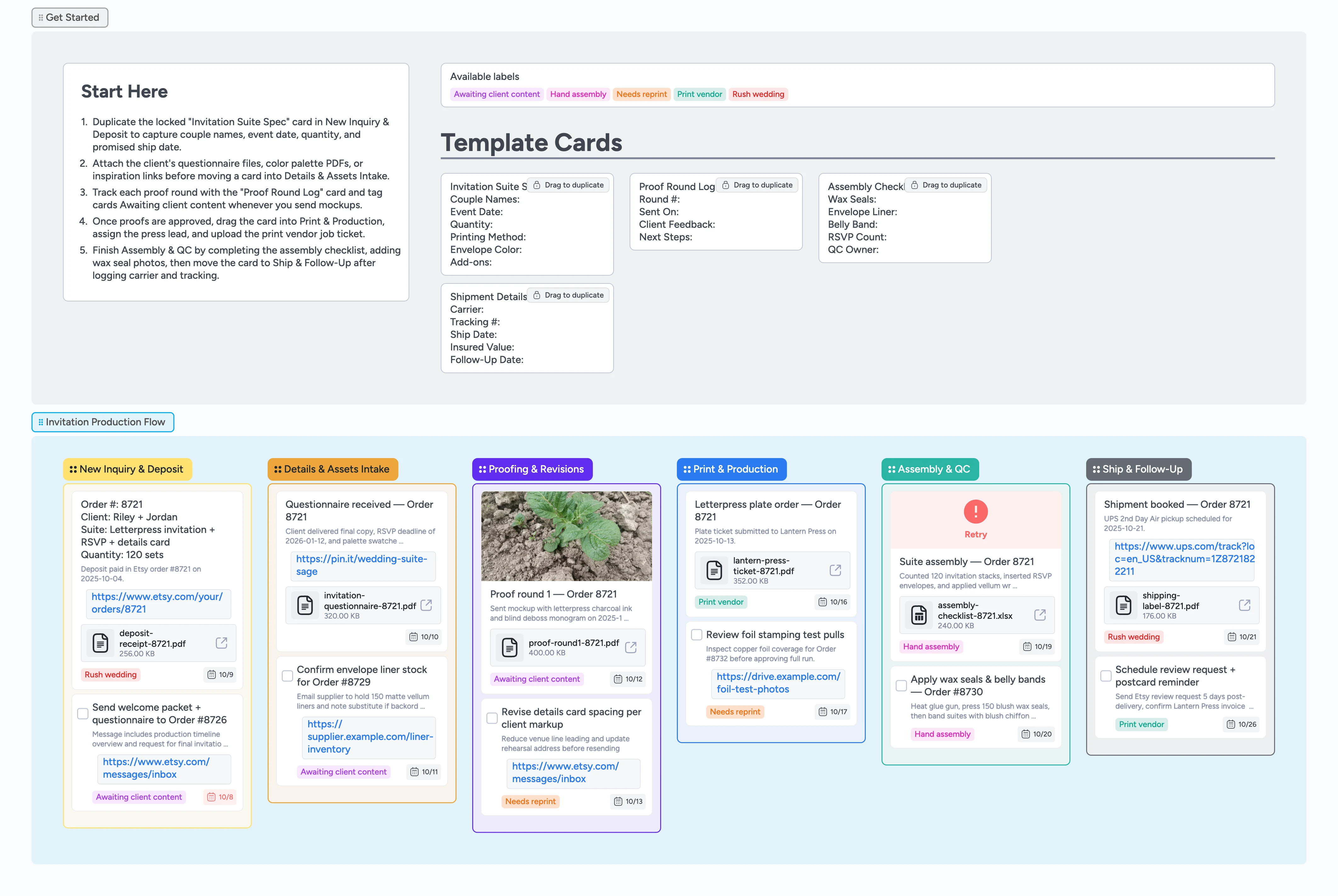 Instaboard wedding invitation production pipeline board with six stages and duplicate-locked template cards
