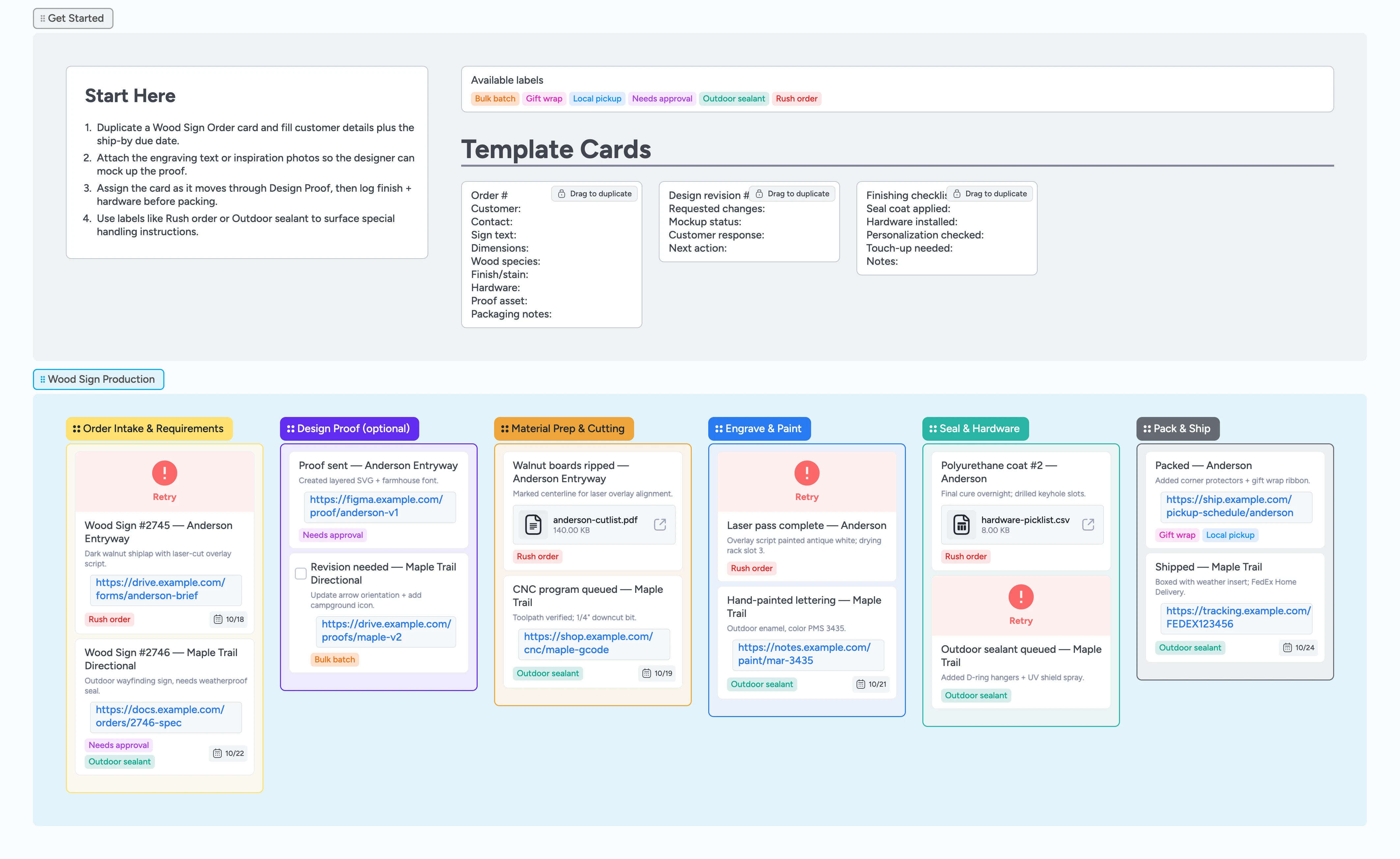 Instaboard board for Etsy wood sign makers showing start-here guidance, template cards, and a six-stage pipeline