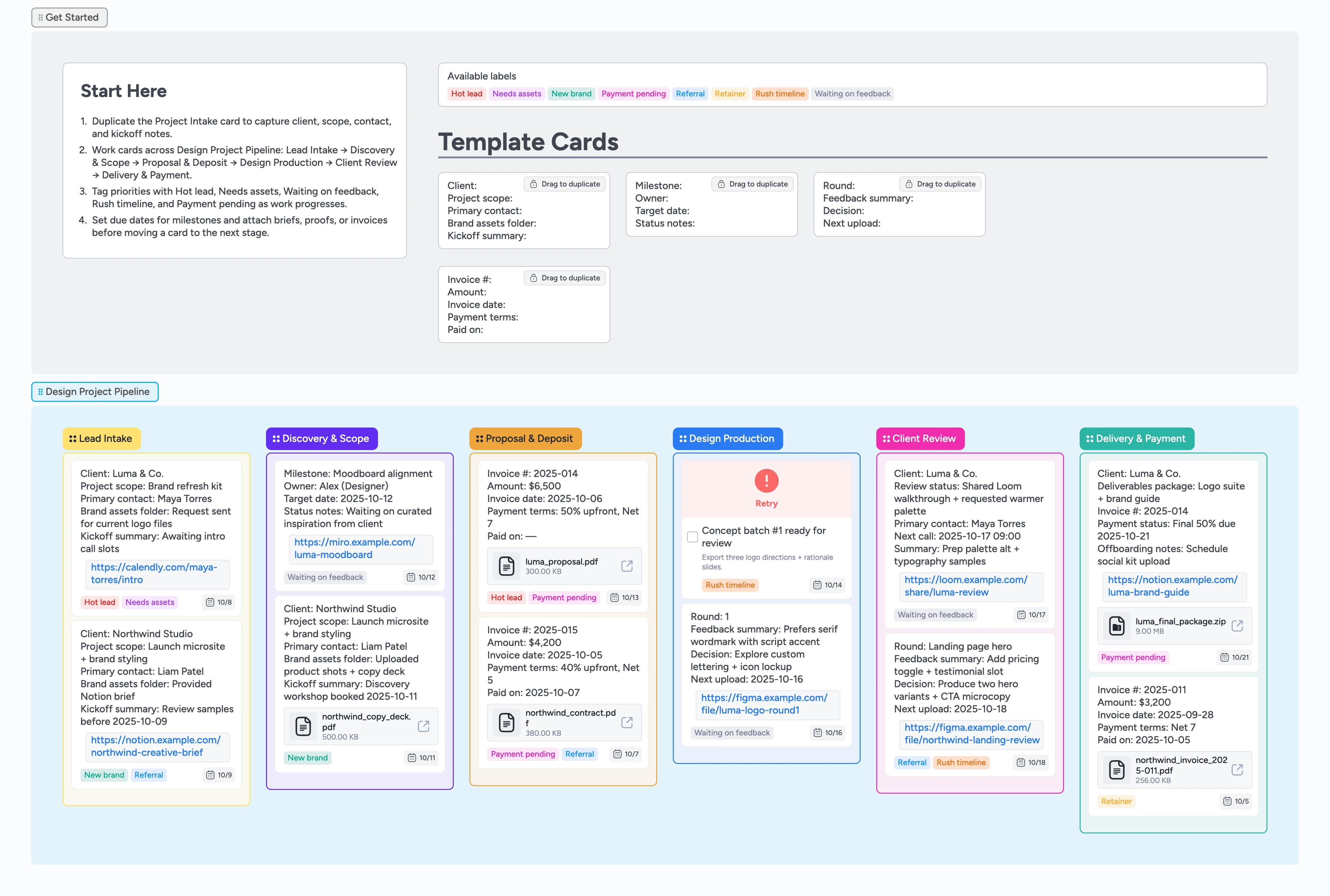 Instaboard pipeline showing active design gigs with revision cards and pending invoices in one view