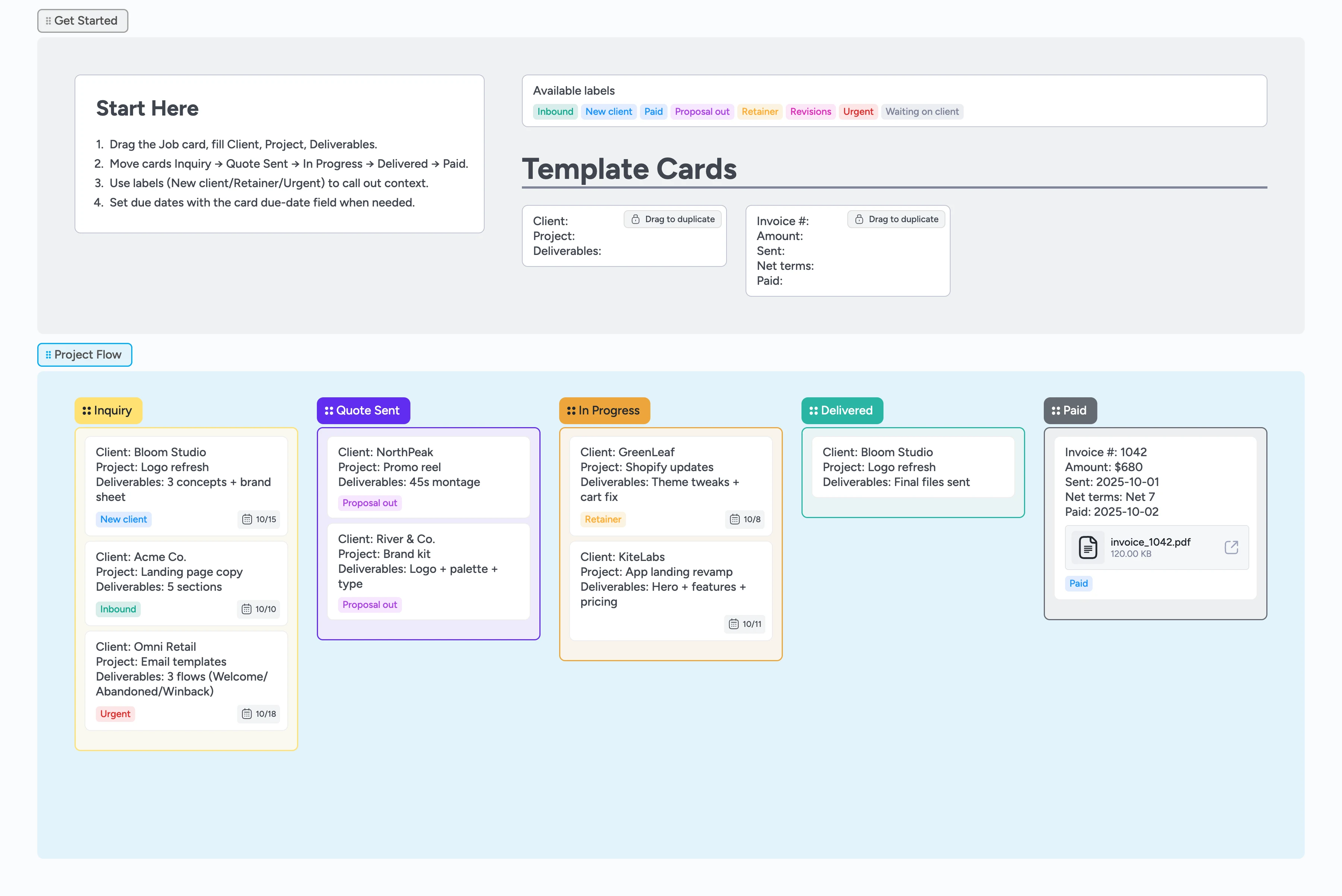 Freelance job tracker board with Inquiry, Quote Sent, In Progress, Delivered, Paid