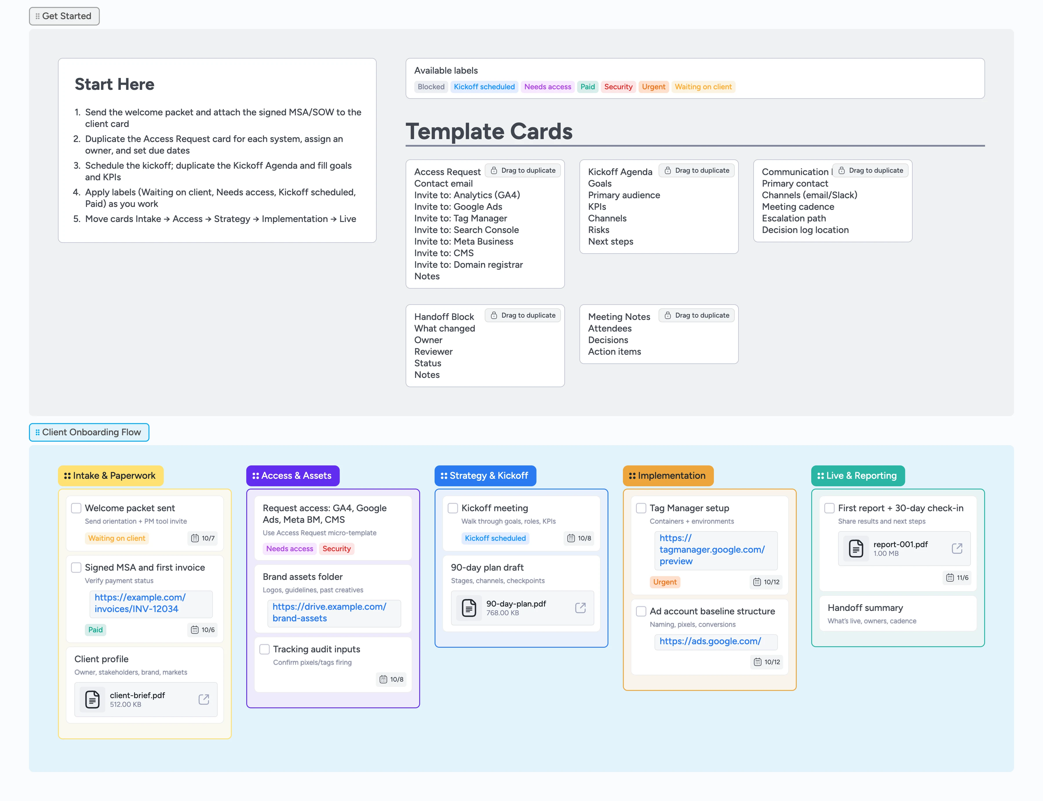 Instaboard board with five-stage client onboarding pipeline, Start‑Here guidance, and duplicate‑lock templates
