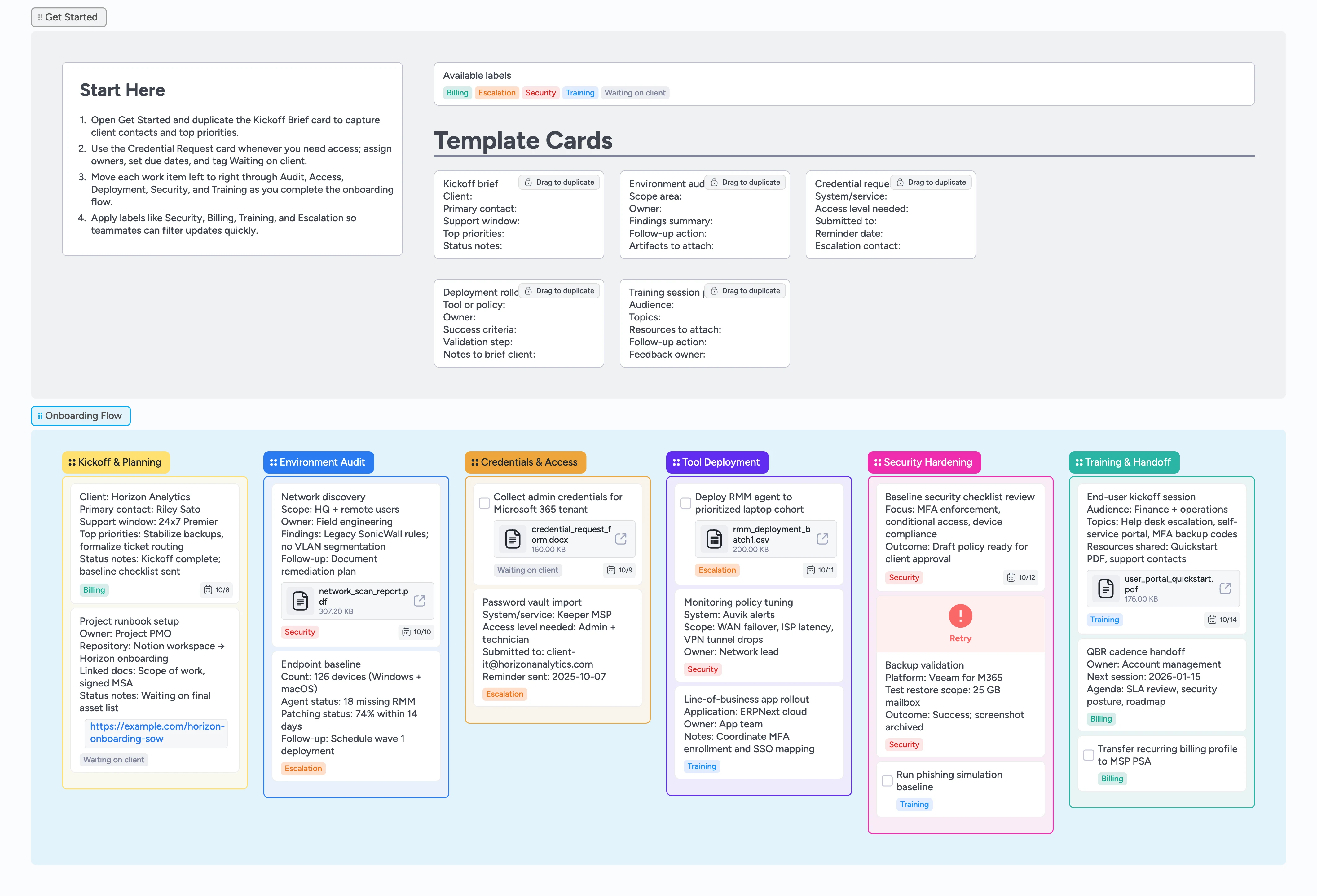 Instaboard pipeline showing MSP onboarding stages from kickoff to training with demo cards and labels.