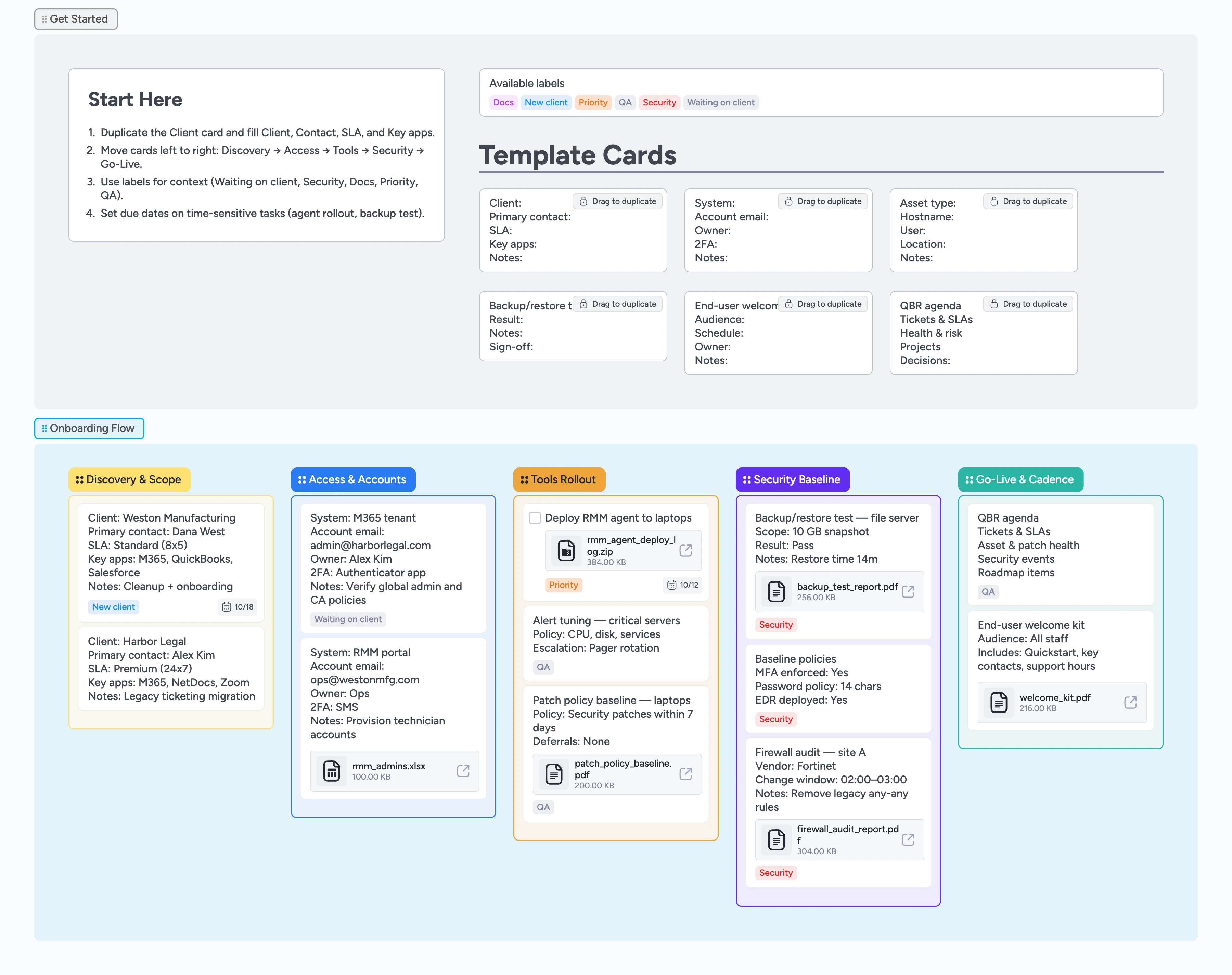 MSP onboarding board with Discovery & Scope, Access & Accounts, Tools Rollout, Security Baseline, Go‑Live & Cadence