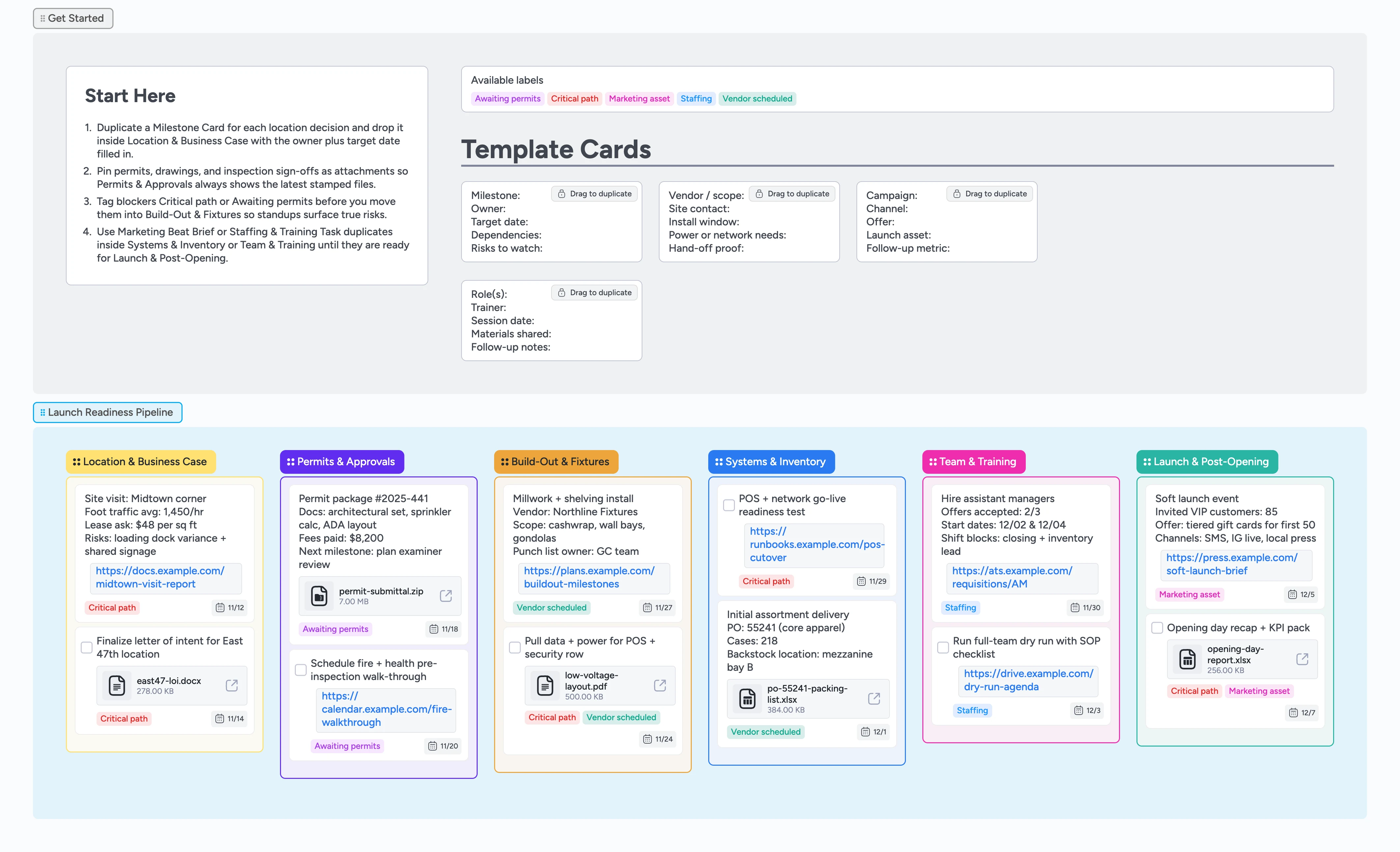 Instaboard pipeline with six lists for location vetting, permits, build-out, systems, training, and launch tasks.