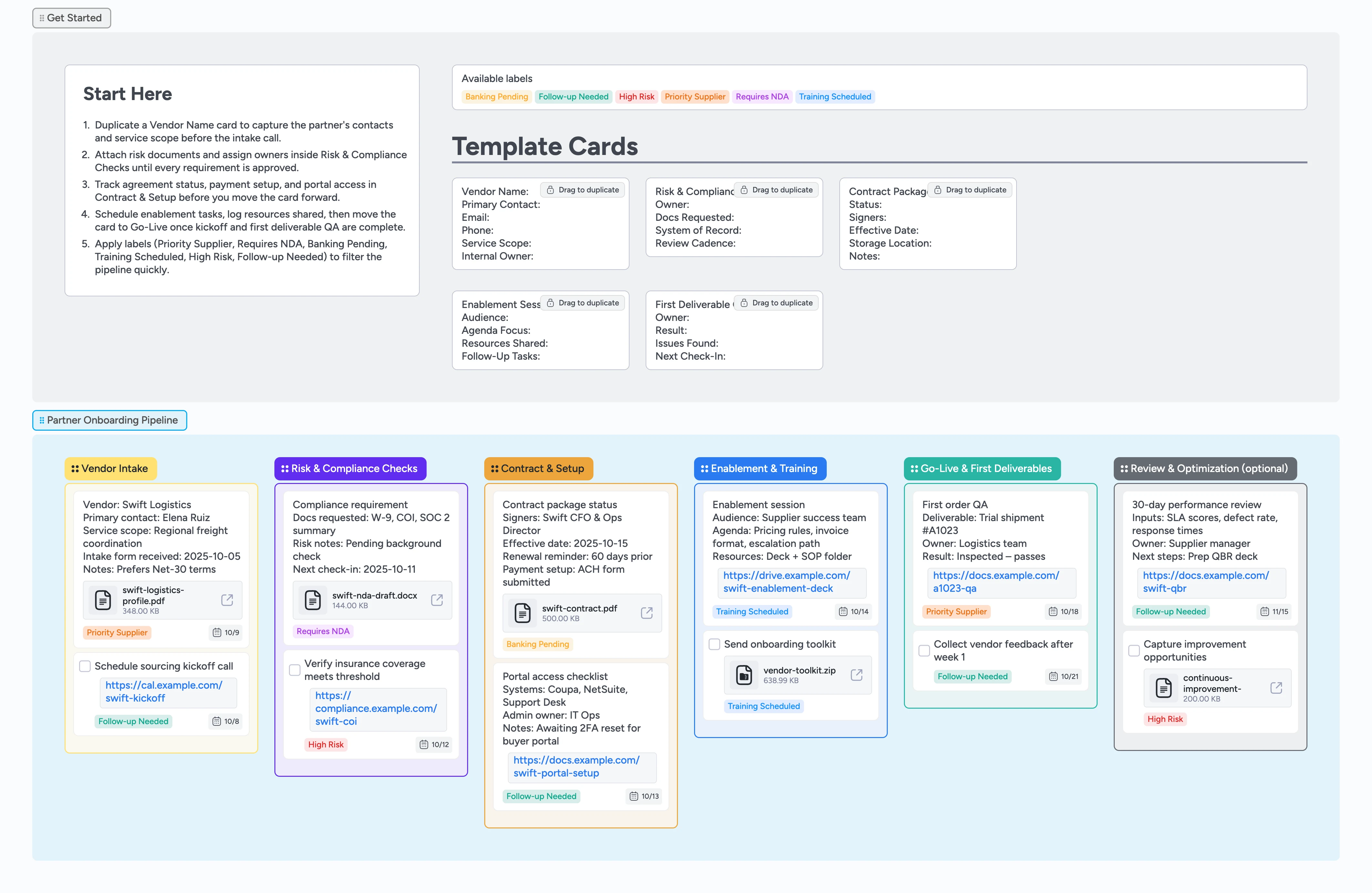 Instaboard pipeline showing Vendor Intake, Risk & Compliance Checks, Contract & Setup, Enablement & Training, Go-Live & First Deliverables, and Review & Optimization columns