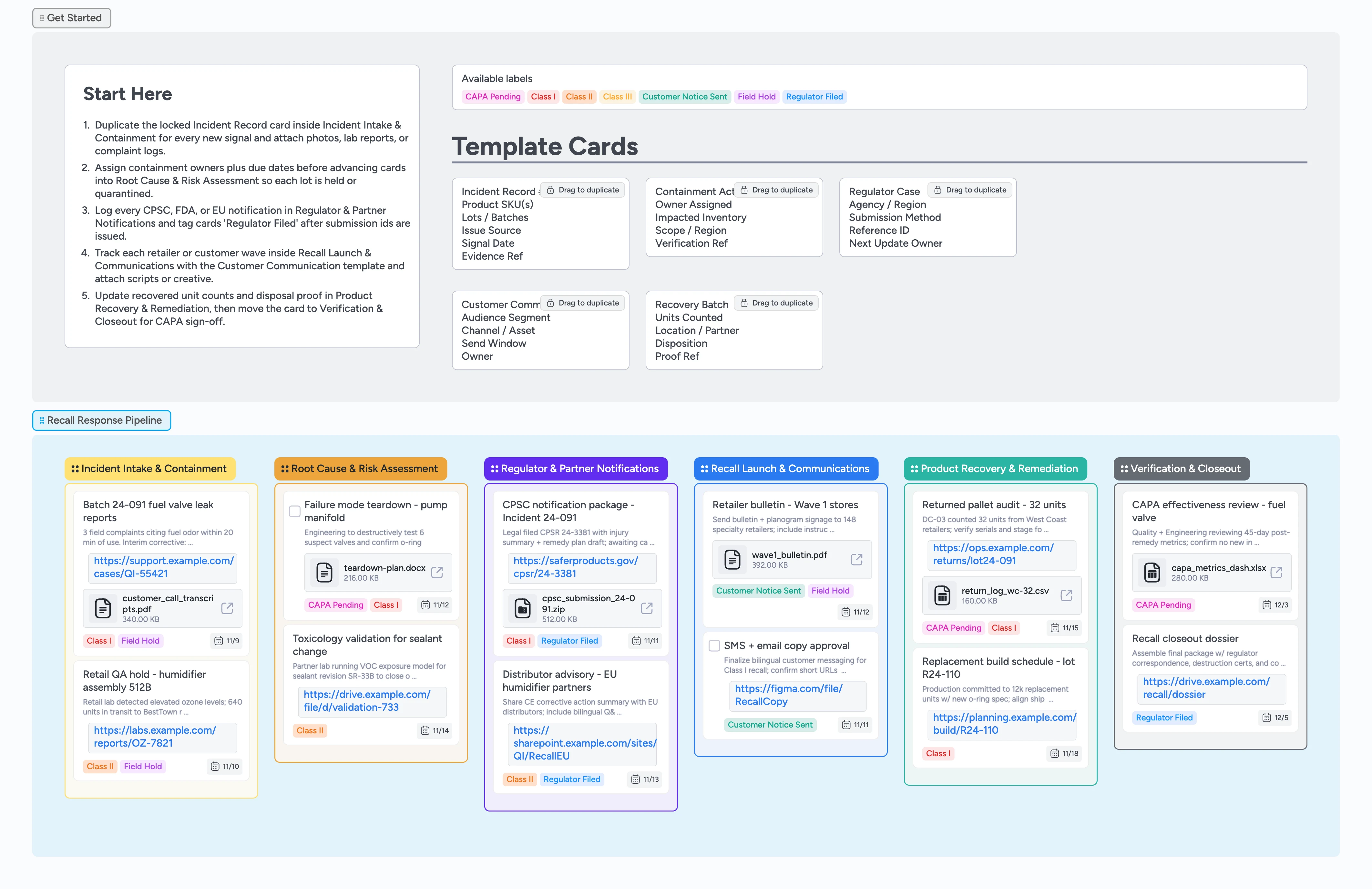 Instaboard board showing a recall pipeline with incident intake, regulator notifications, communications, and recovery lists