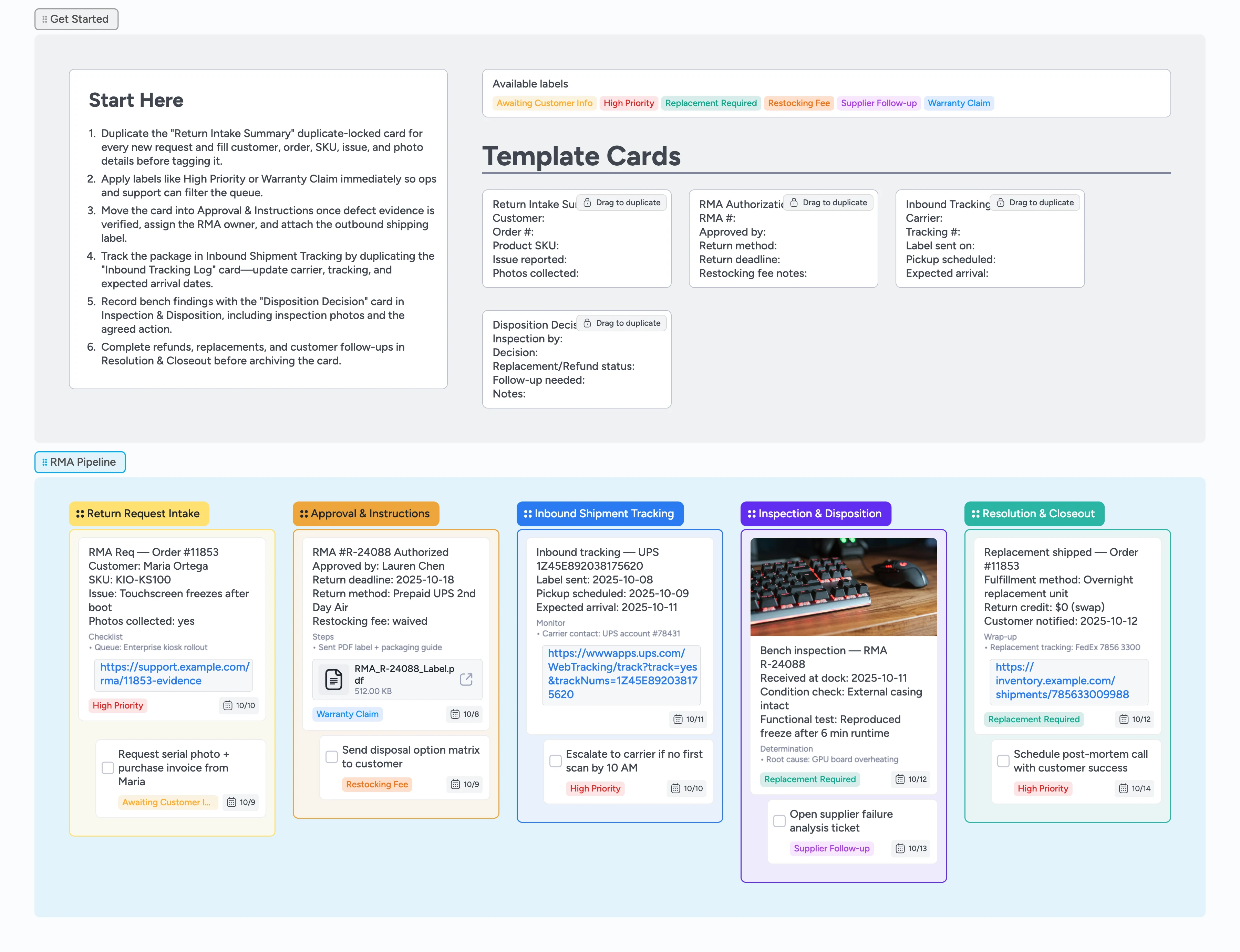 Instaboard showing the RMA Returns Pipeline with start-here guidance, template cards, and five workflow columns.