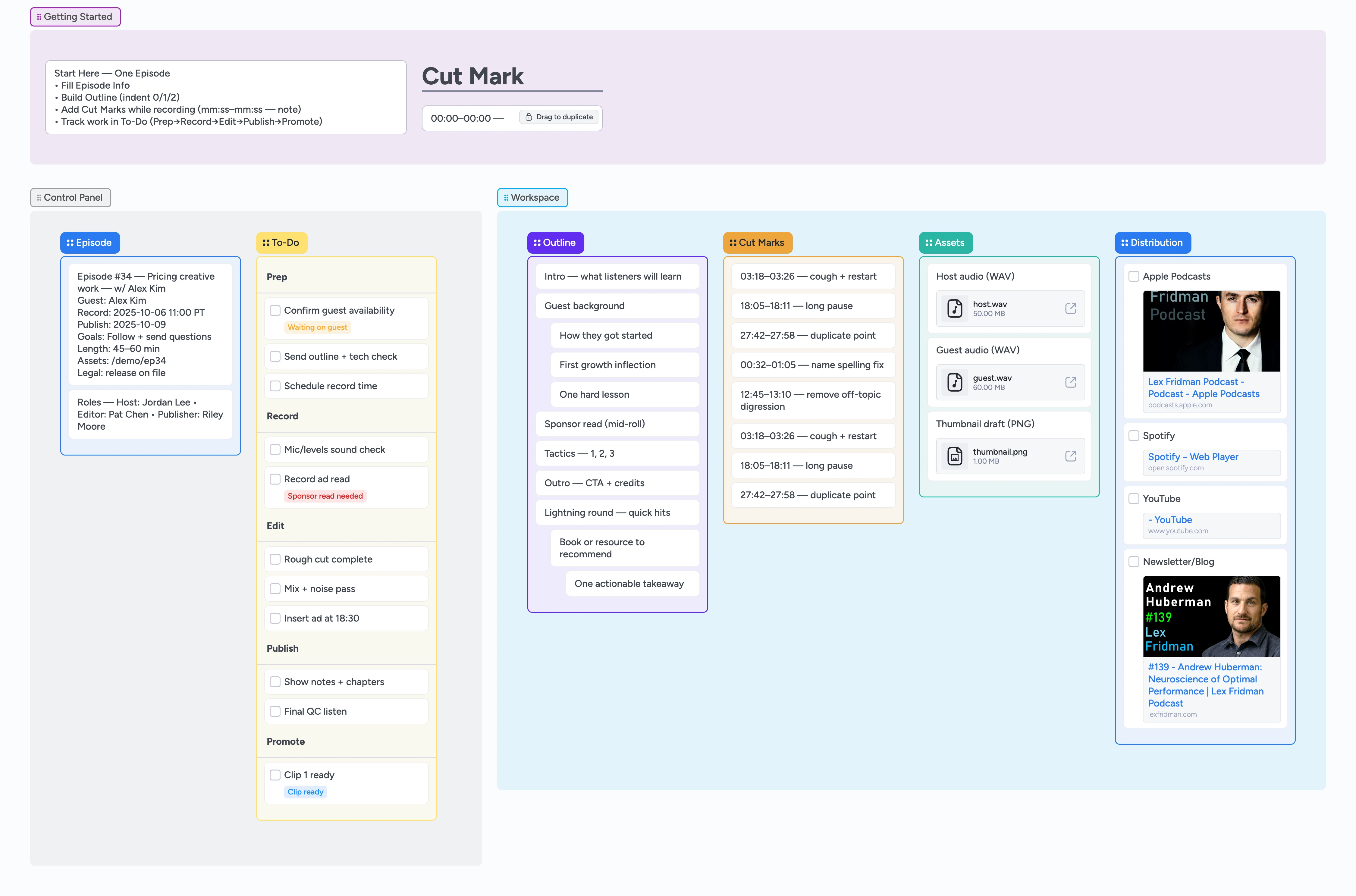 Podcast episode planner board with Control Panel and Outline, Cut Marks, Assets, Distribution