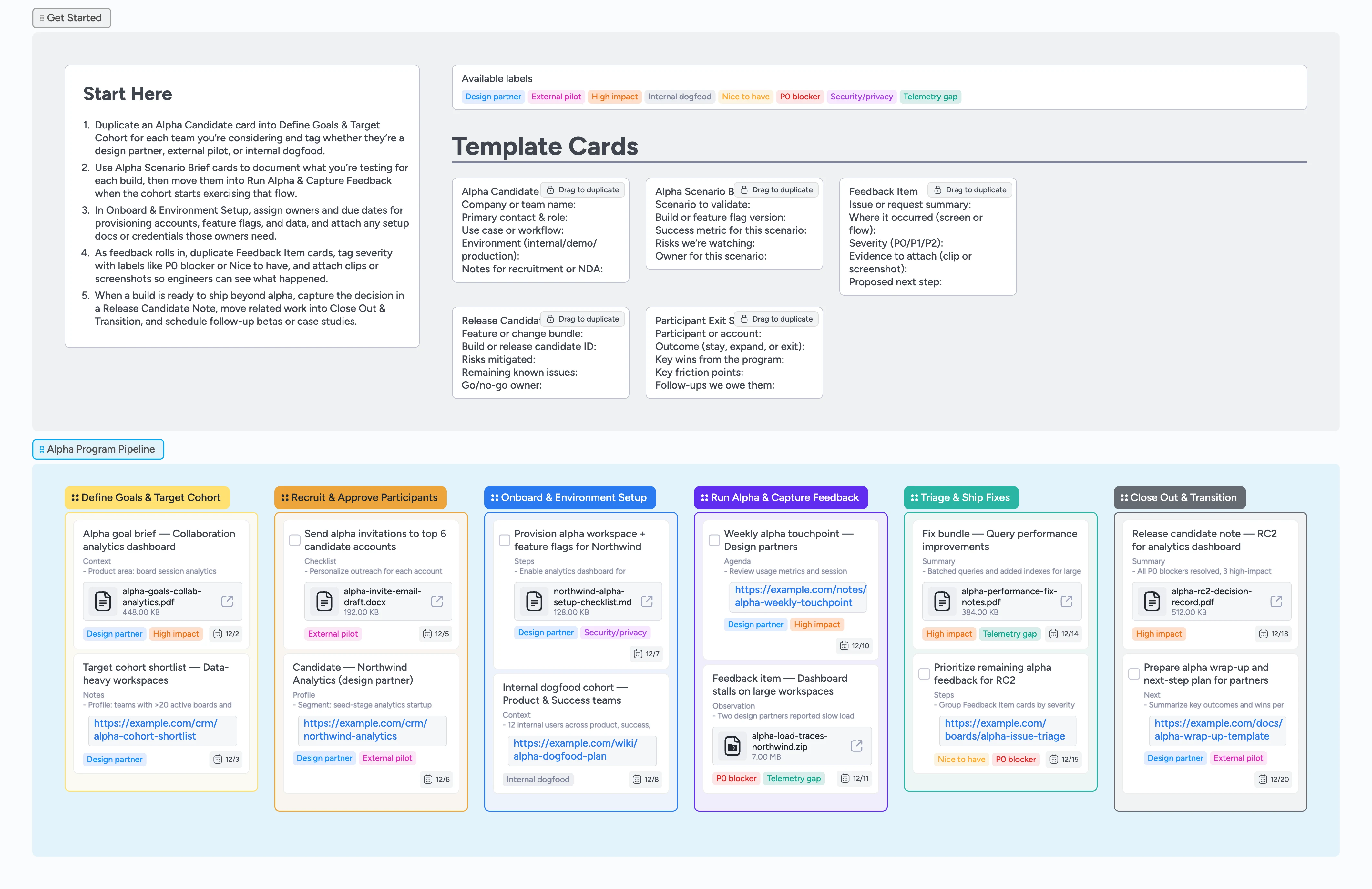 Instaboard Alpha Program Pipeline board with columns for Define Goals & Target Cohort, Recruit & Approve Participants, Onboard & Environment Setup, Run Alpha & Capture Feedback, Triage & Ship Fixes, and Close Out & Transition.