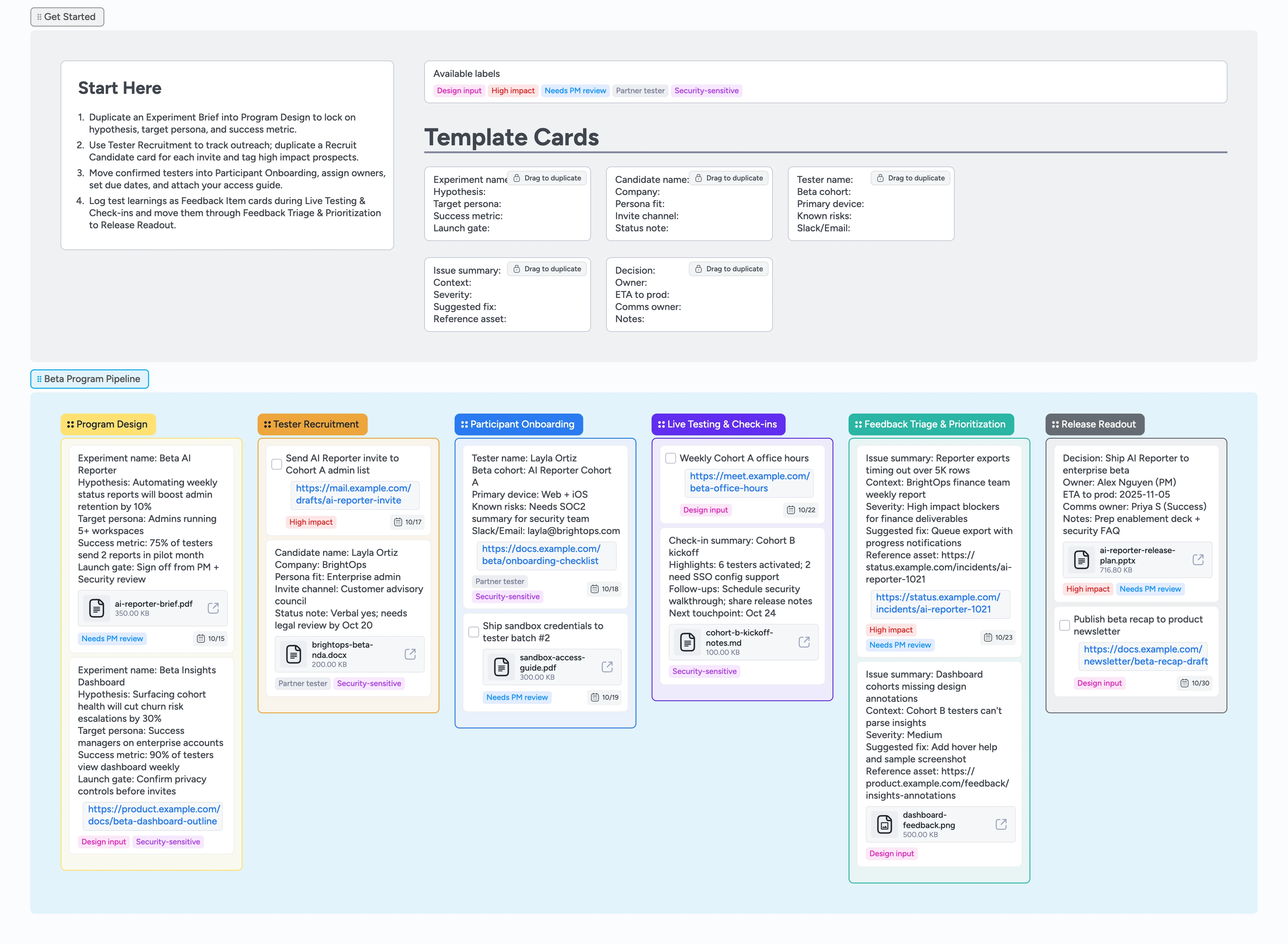 Instaboard Beta Program Pipeline board with columns for Program Design, Tester Recruitment, Participant Onboarding, Live Testing, Feedback Triage, and Release Readout.