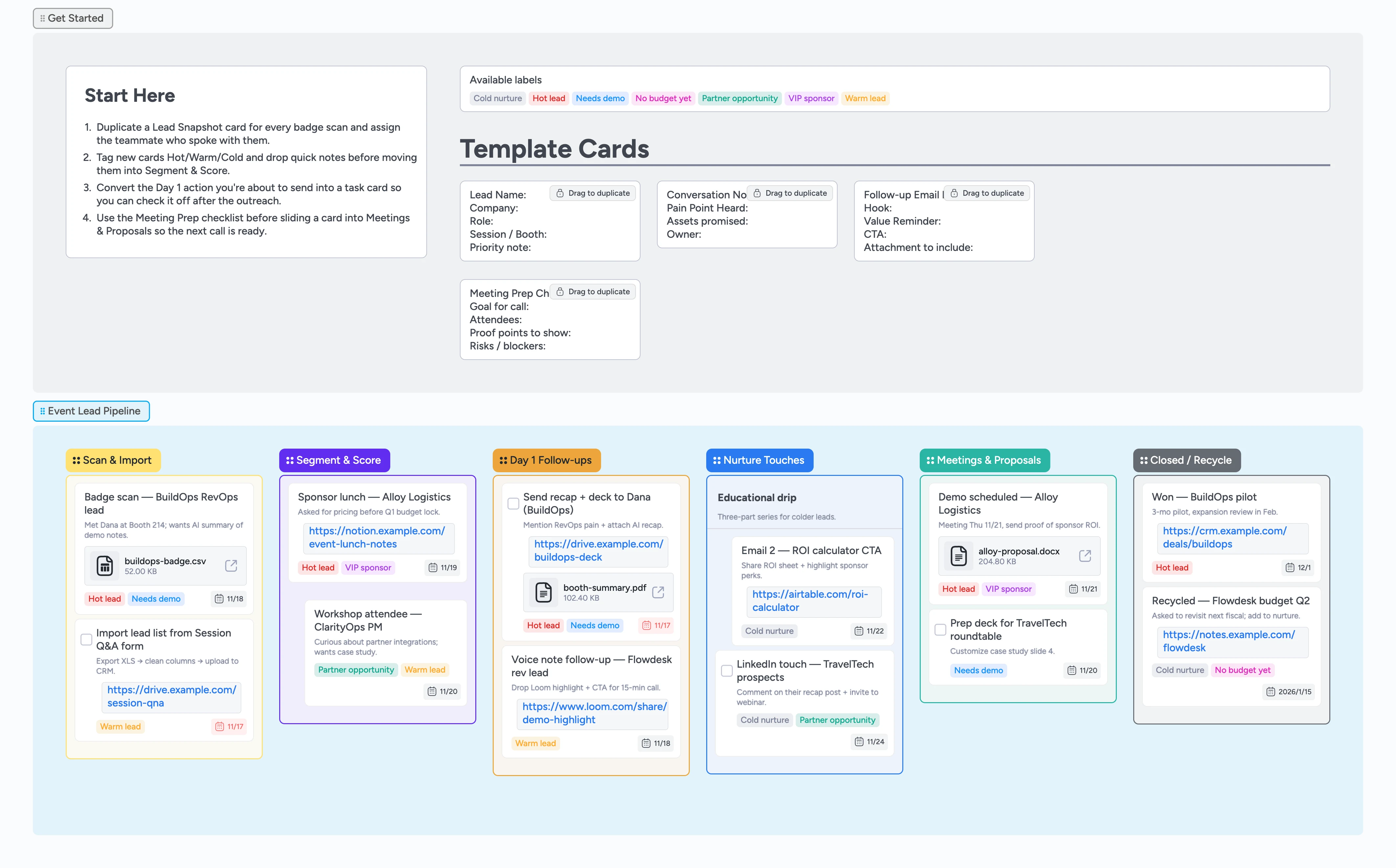 Event Lead Follow-up pipeline board with stages from Scan & Import through Closed / Recycle