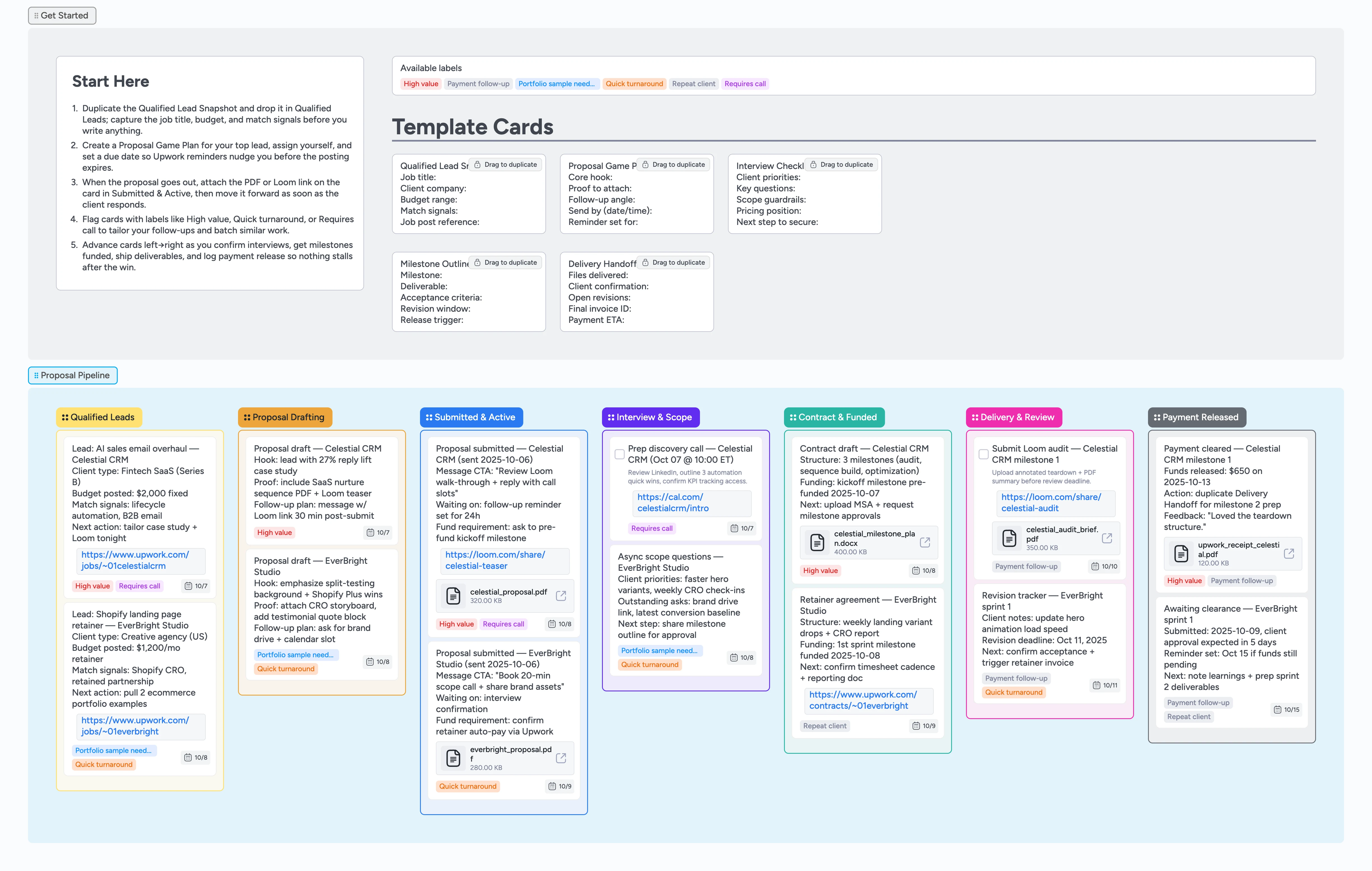 Instaboard board showing Upwork proposal stages from Qualified Leads to Payment Released